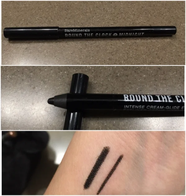    Bare Minerals Round the Clock     Description:    Round the Clock™ Intense Cream-Glide Eyeliner is a creamy, pigment-packed eyeliner that brings high-intensity color and definition to the eyes. Formulated to resist smudging, smearing, and budging,