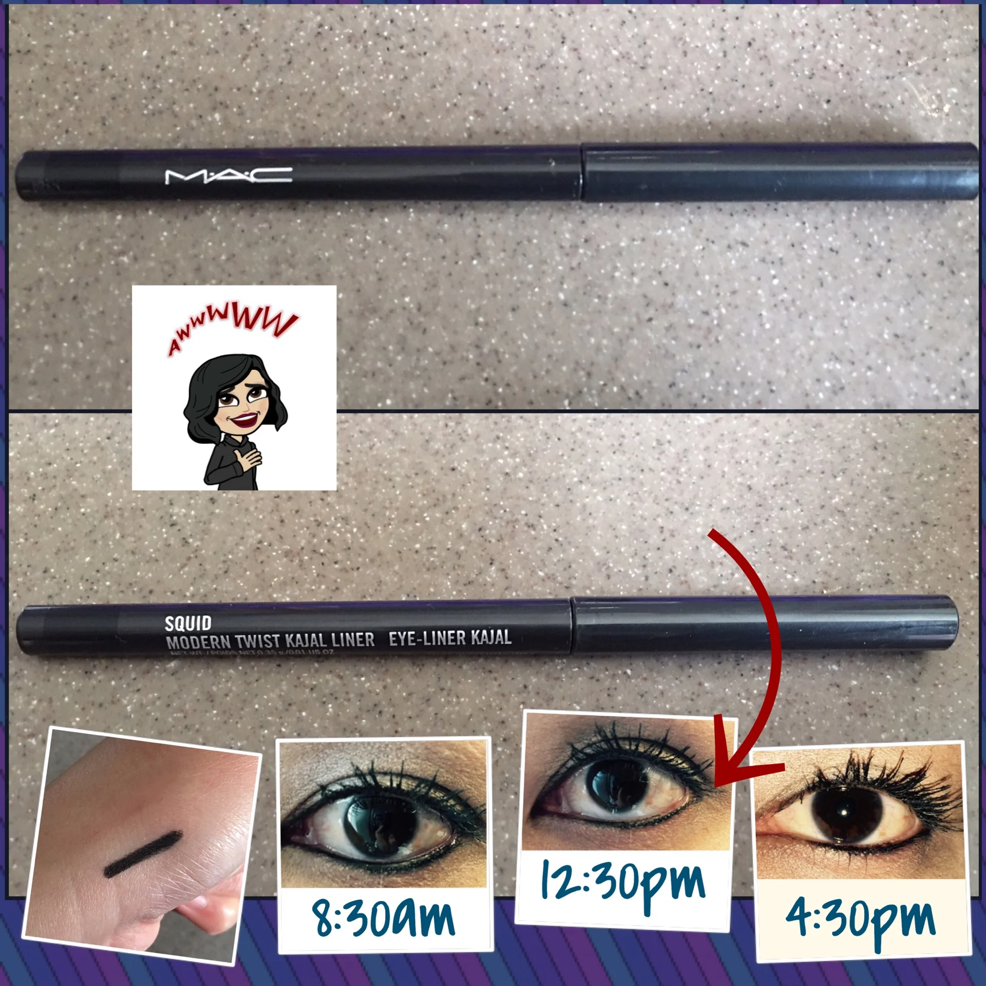    MAC Modern Twist Kajal Liner   - Squid  I really like this new eyeliner from MAC.&nbsp; It just launched at counters on March 3rd.&nbsp; It's going to be added to their permanent line.&nbsp; It comes in 13 shades.  I have been using it to tightlin