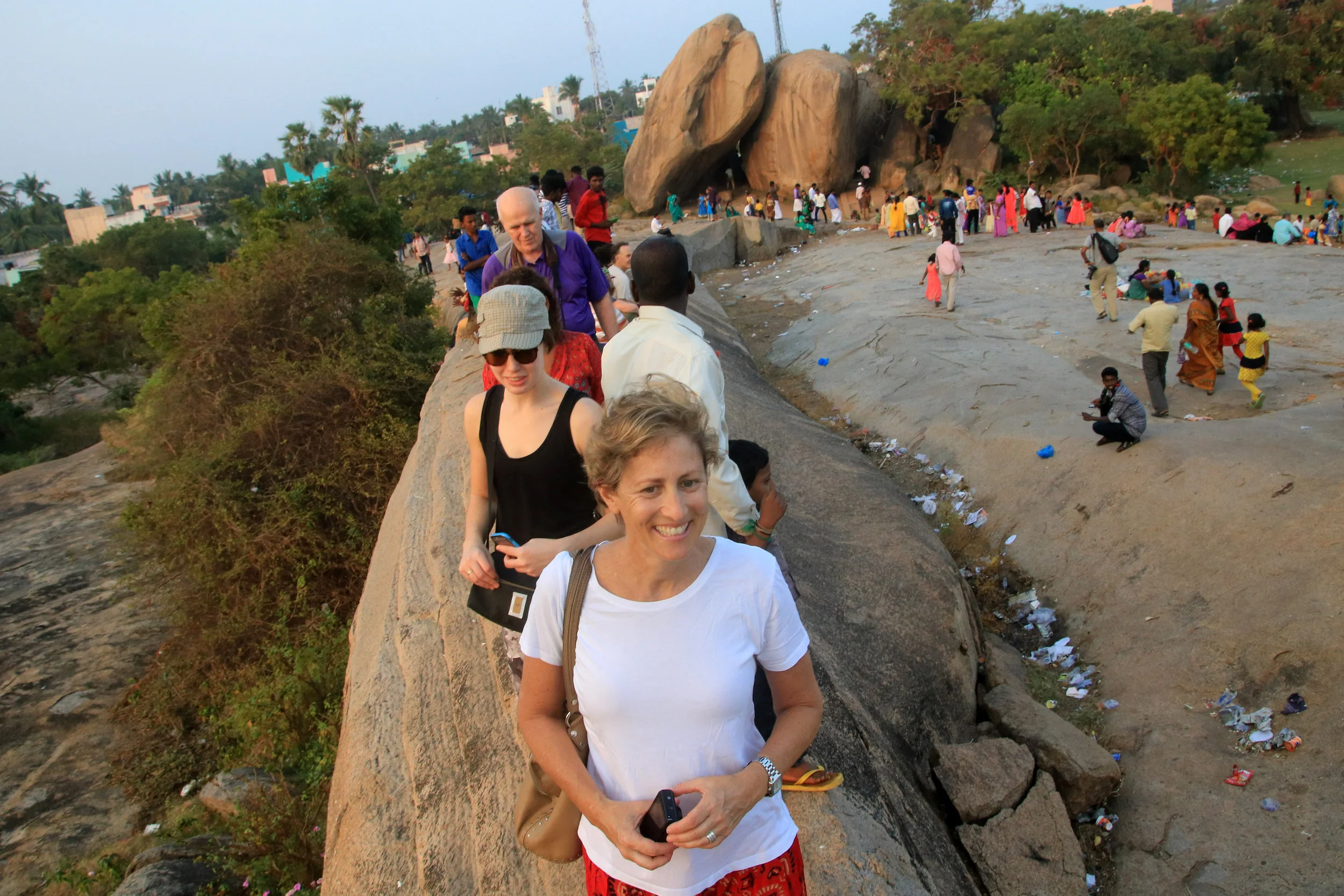  Michelle leads along the ridge at Mahaballipuram.. 