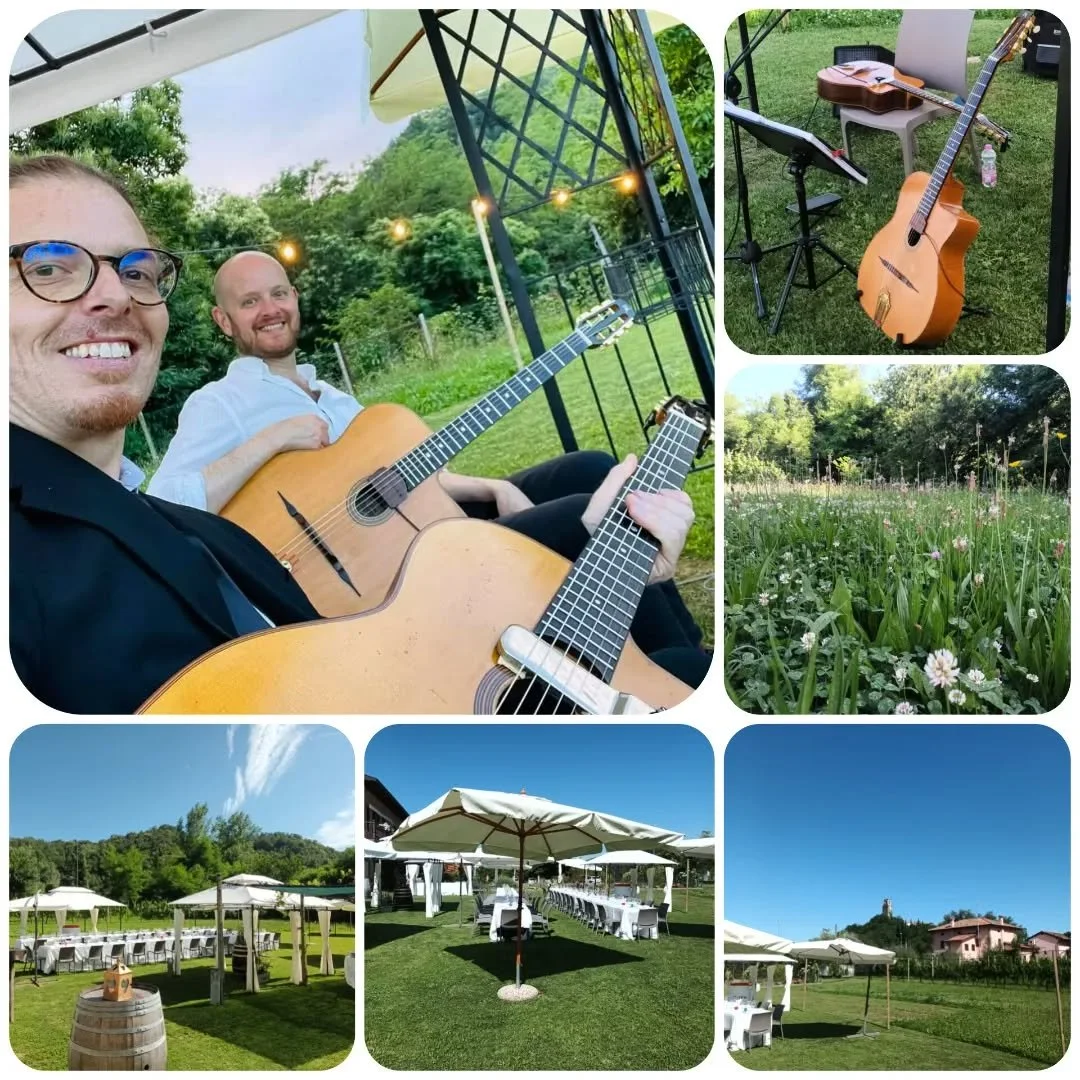 Back to function gigging, this time in great company, musically and more, playing with maestro @matteosgobino 
A lovely location for a lovely dutch wedding up in Friuli.
Life is treating me well and I shall not complain!
#djangoreinhardt #functiongig
