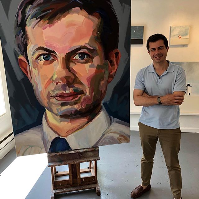 #PETETOWN !!!!! @pete.buttigieg MAYOR PETE with his portrait that my brilliant wife Jo Hay painted! It doesn&rsquo;t get better than this! What an honor! Thank you @adampeckgallery for showing Jo&rsquo;s portrait. #petebuttigieg #petebuttigieg2020 #P