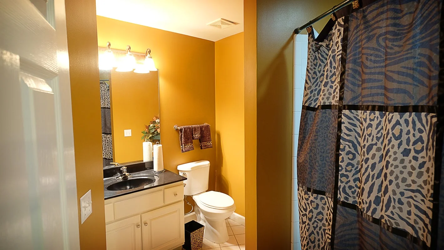 Gold / yellow walls, black and white bathroom vanity and animal print accessories - Residential painting by Nash Painting Nashville TN
