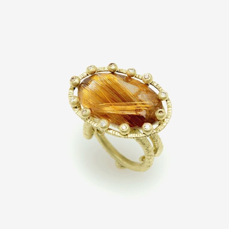 Tribute to a stone that at its best can rivsl in beauty many precious and valuable cousins and relatives 😁
Rutilated Quartz or Venus Hair as they used to call it when I first started looking for stones to set. 
18K Green Gold with White and Cognac B