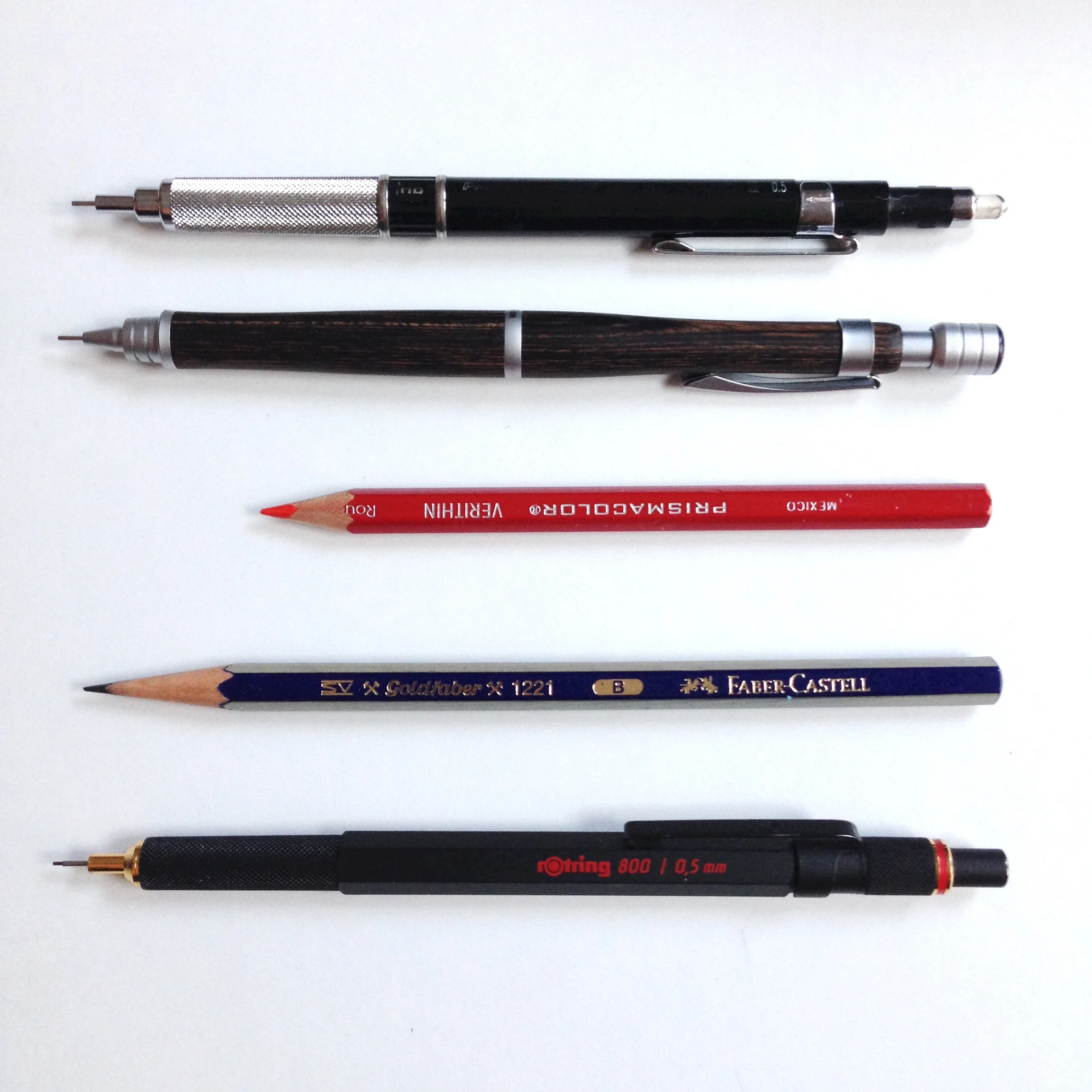 from Top: Pro Touch II, Pilot S20 Dark Brown, Verithin Poppy Red 744, A Standard "B" Drawing Pencil from Faber-Castell, rOtring 800 (yes the "O" is supposed to be that way ;)