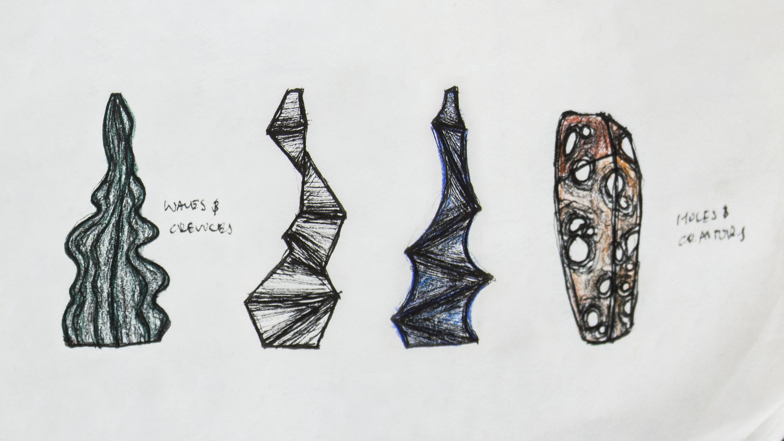  Original sketches of my Raku pieces, Phase, Arid, and Rigid. 