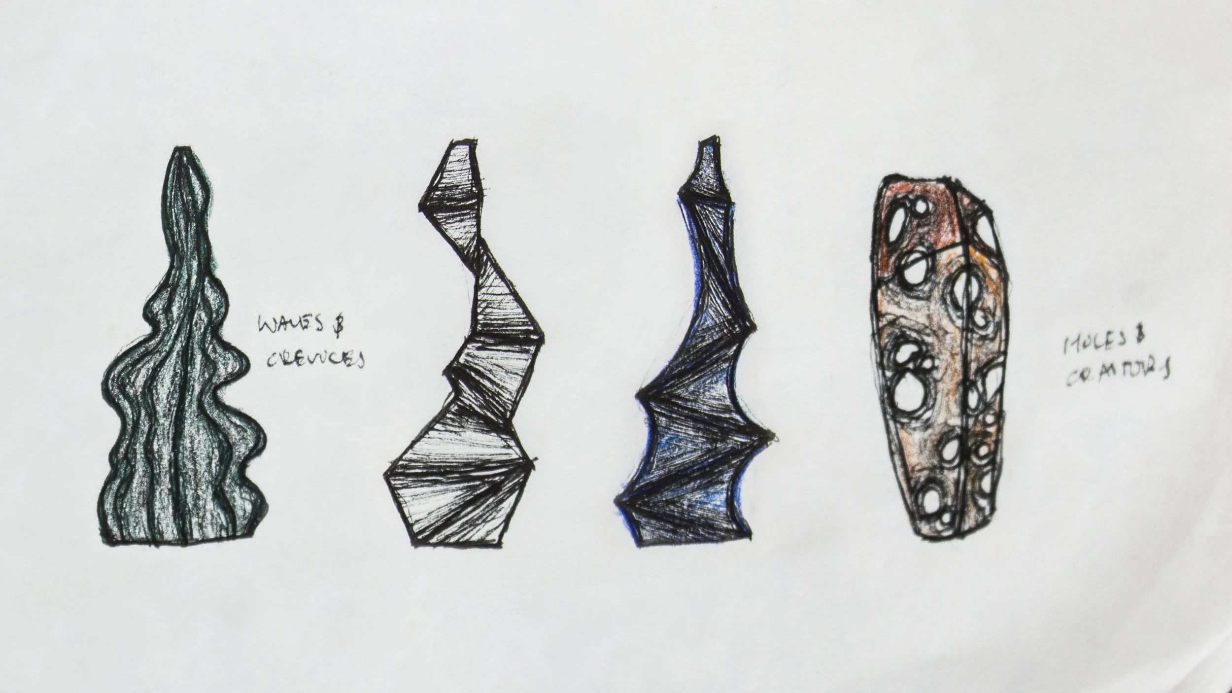 Original sketches of my Raku pieces, Phase, Arid, and Rigid.