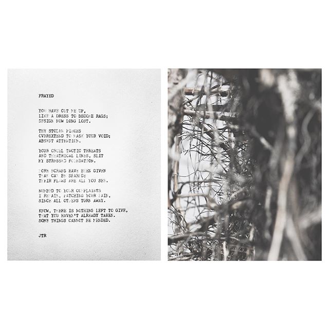 Frayed
.
.
.
#jtr #contemporaryart  #art #poetry #poem #poet #photography #diptych #photograph #roots #frayed #typewriter #typewriterpoetry
