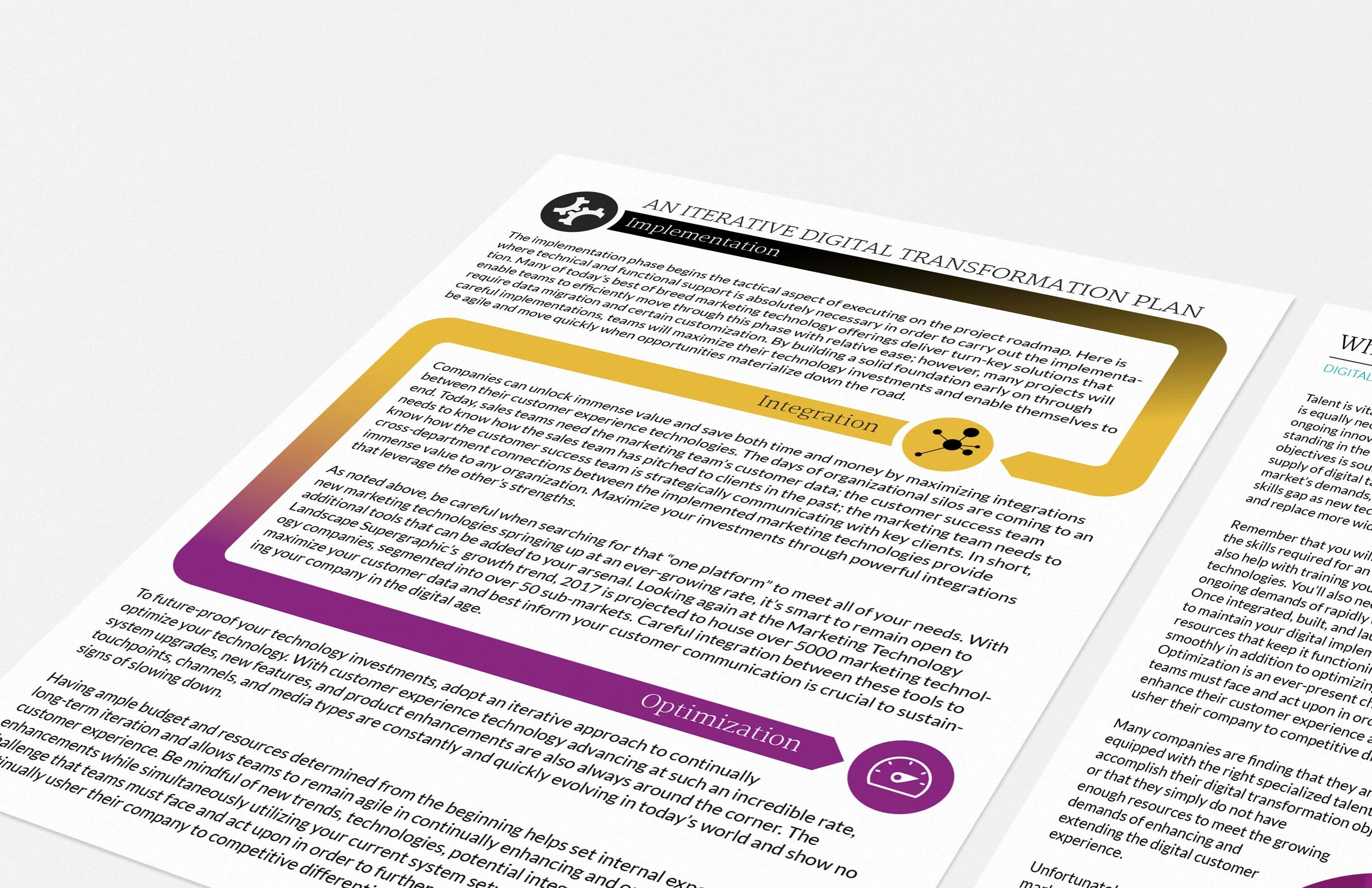 A printed document titled 'An Interactive Digital Transformation Plan' with sections labeled 'Implementation,' 'Integration,' and 'Optimization,' featuring a purple icon of a gauge in the 'Optimization' section.