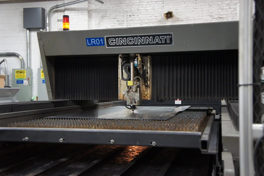 Two lasers from Cincinnati Inc., a CO2 707 for 5-ft.-by-10-ft. dual pallets and a CO2 840 also for 5-ft.-by-10-ft. dual pallets, process a variety of sheet metal for Midland Metal Products, located in Chicago.