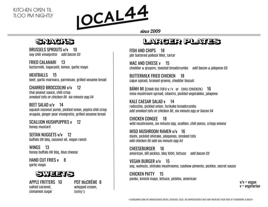 Room 44 Menu Menus — Local 44 | West Philly