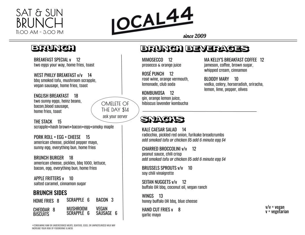 Room 44 Menu Menus — Local 44 | West Philly