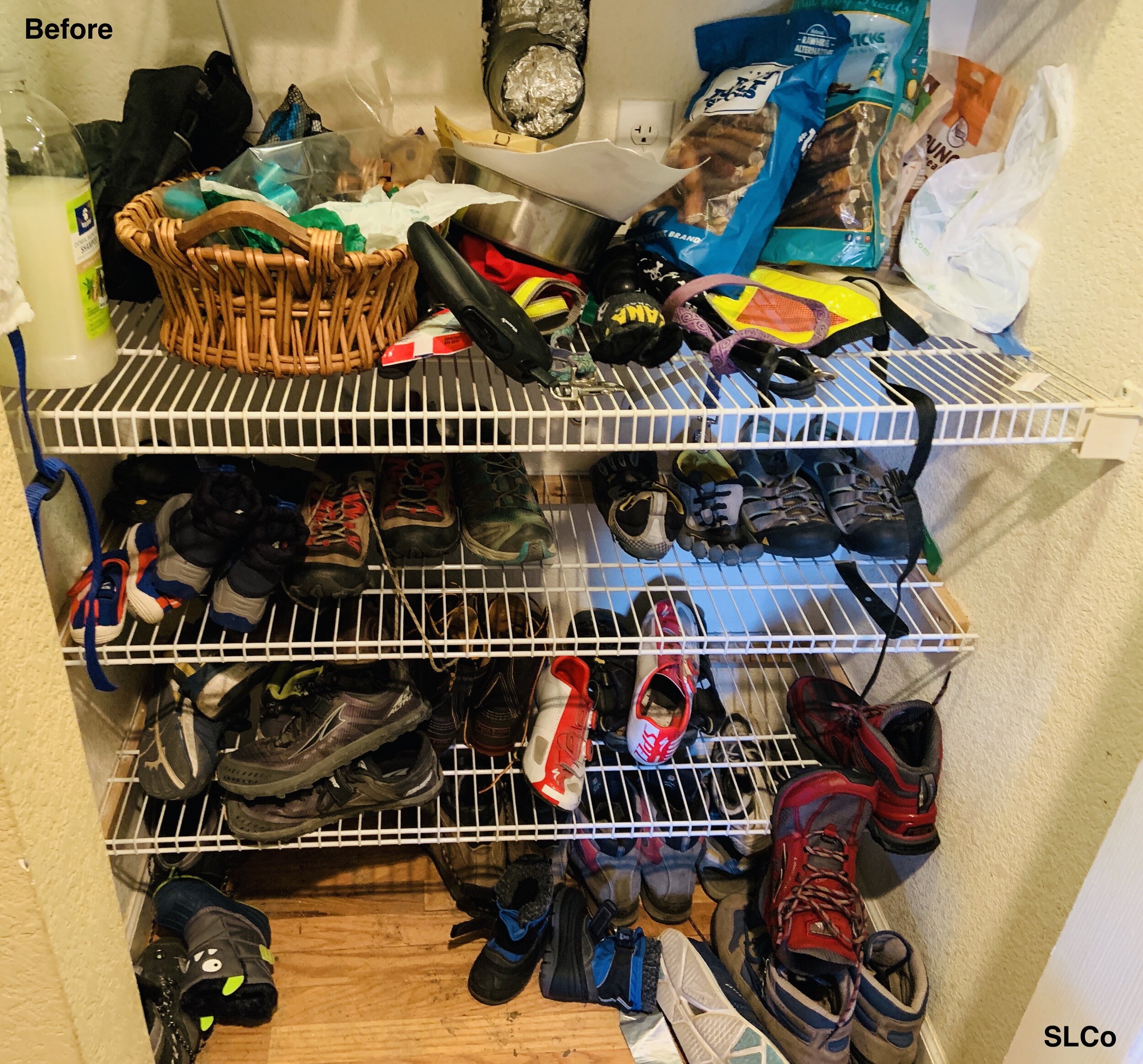 Boulder entryway closet before photo with white wired shelves filled with disorganized shoes, baskets, dog treats and toys