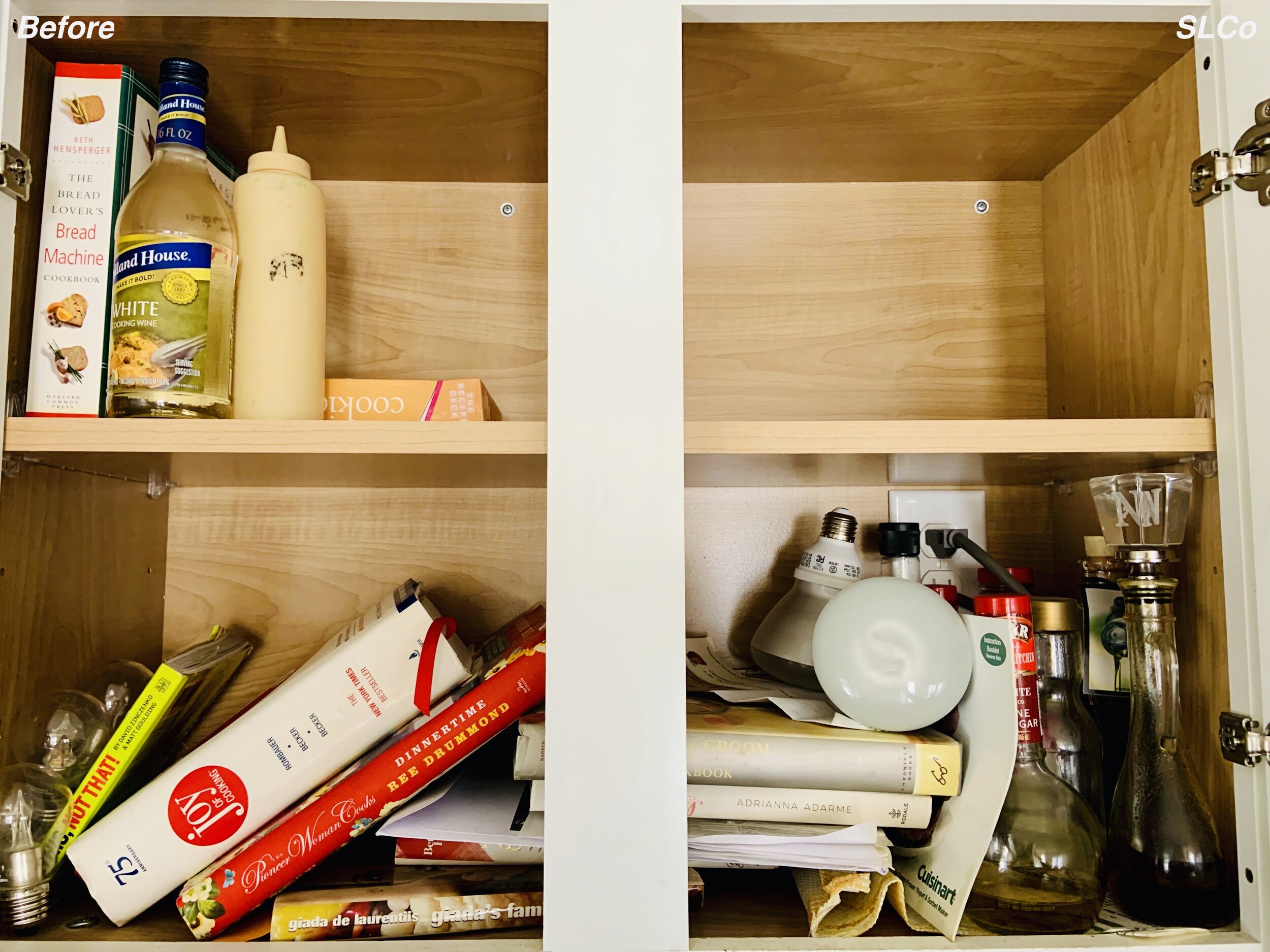 Before phot of kitchen cabinet with books stacked on one another