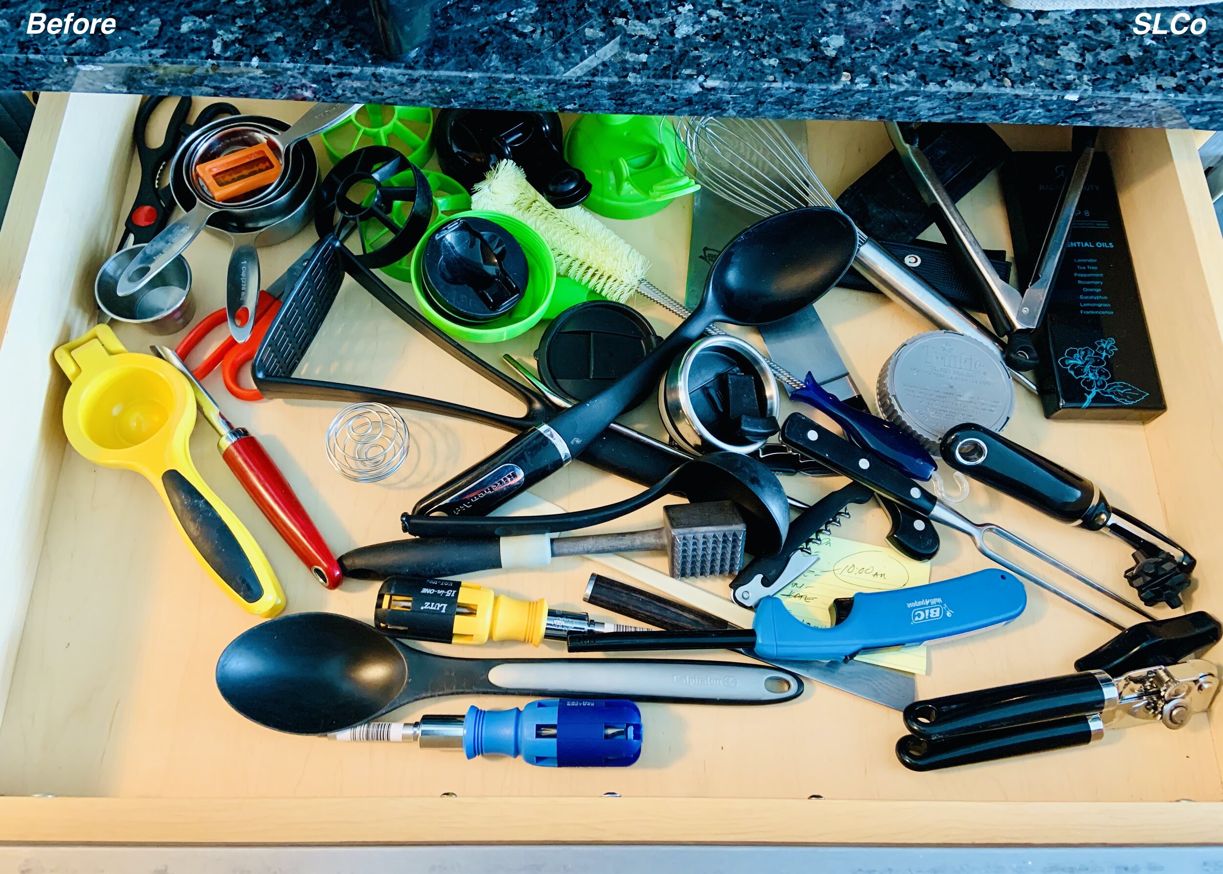 Kitchen drawer with random utensils everywhere