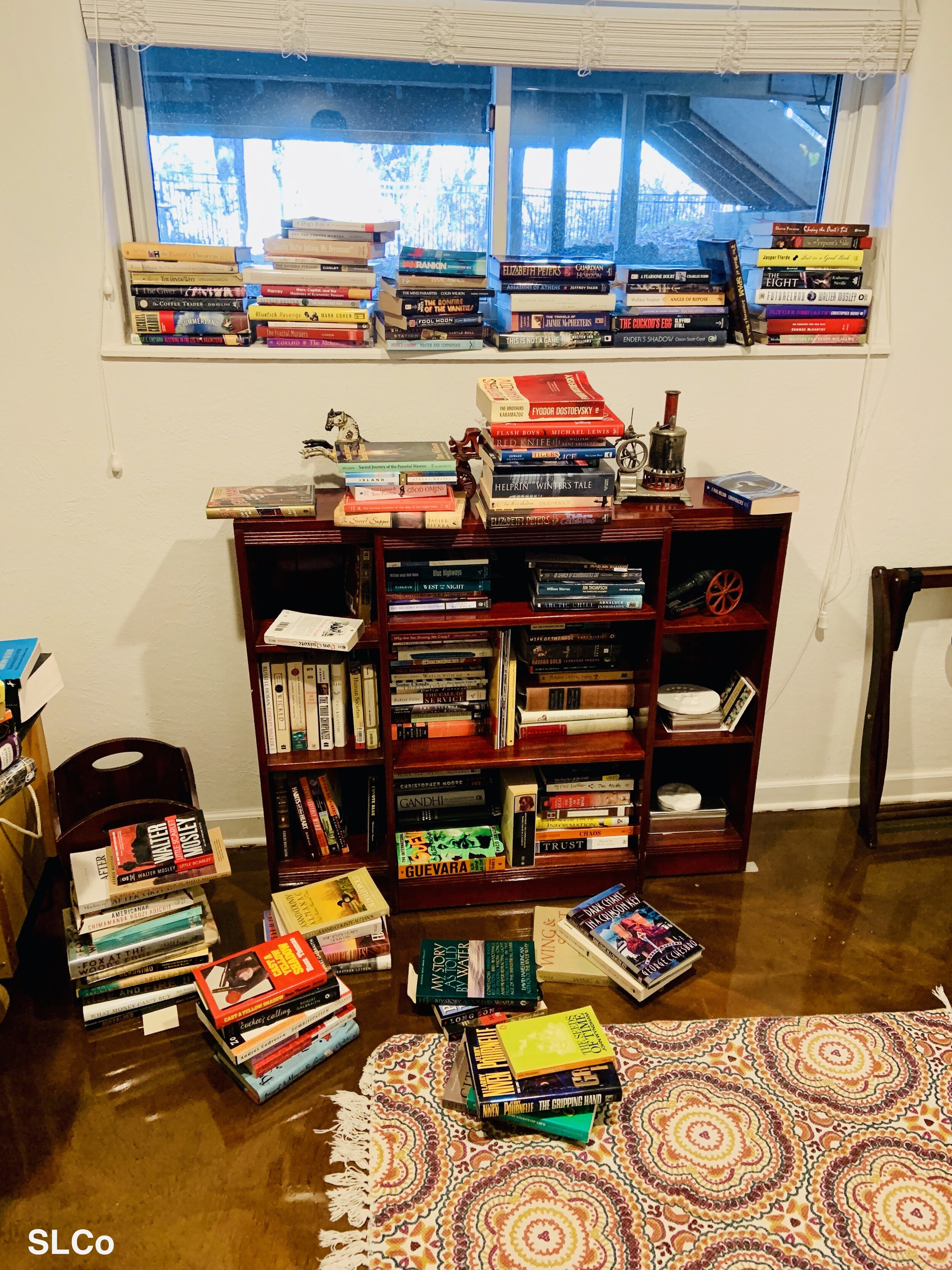 Small bookcase in front of a window with books overflowing onto the floor and stacked everywhere