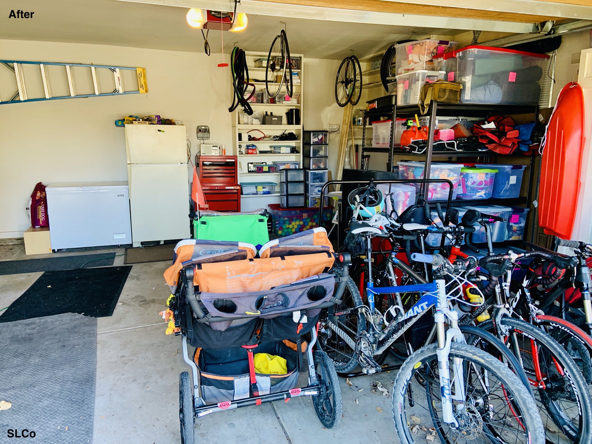 After photo of shelving unit with cleaning supplies gone and strollers and bikes organized together.