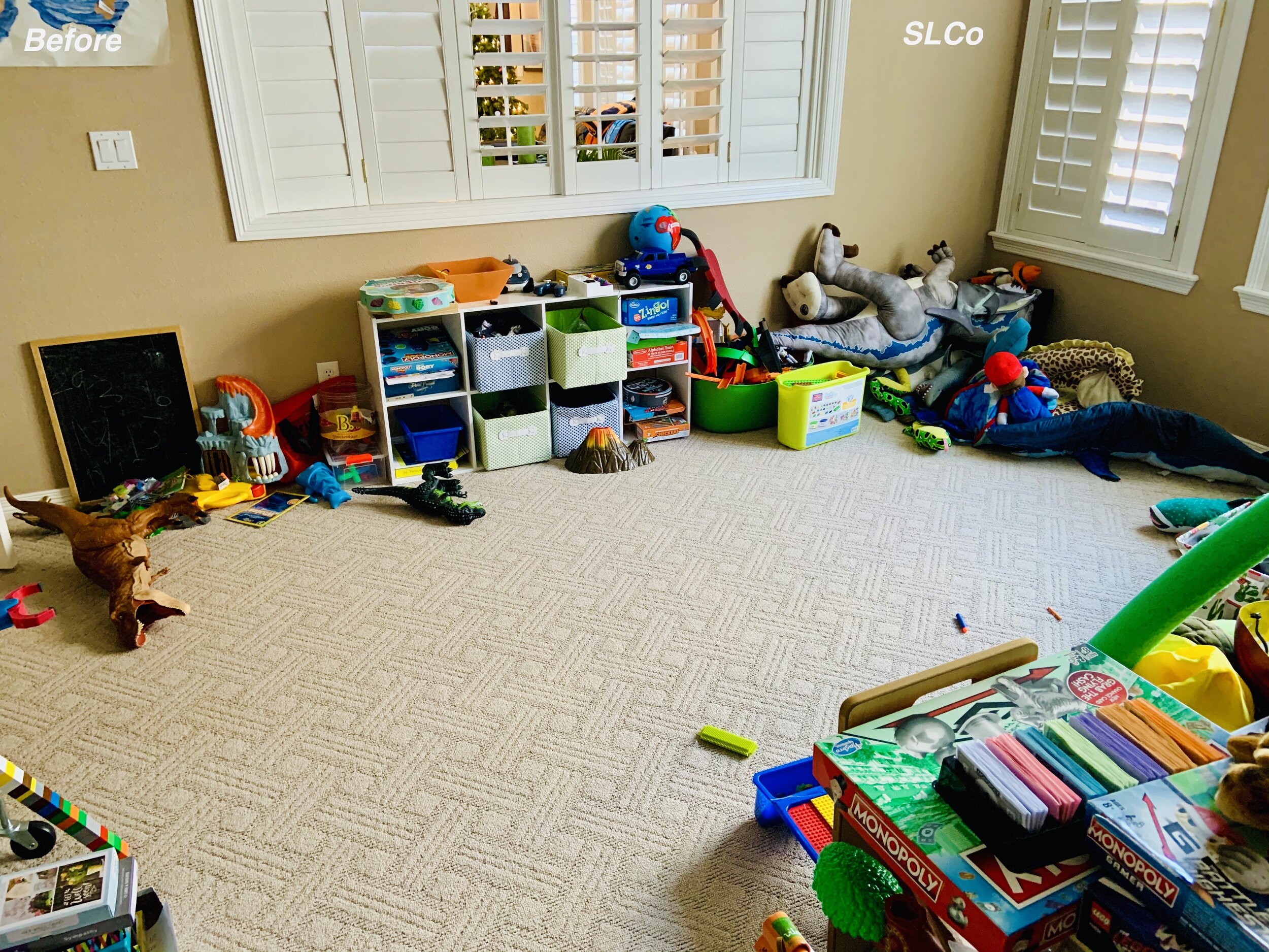 Before photo of a playroom with  cubbies on the wall and items overflowing to the floor.