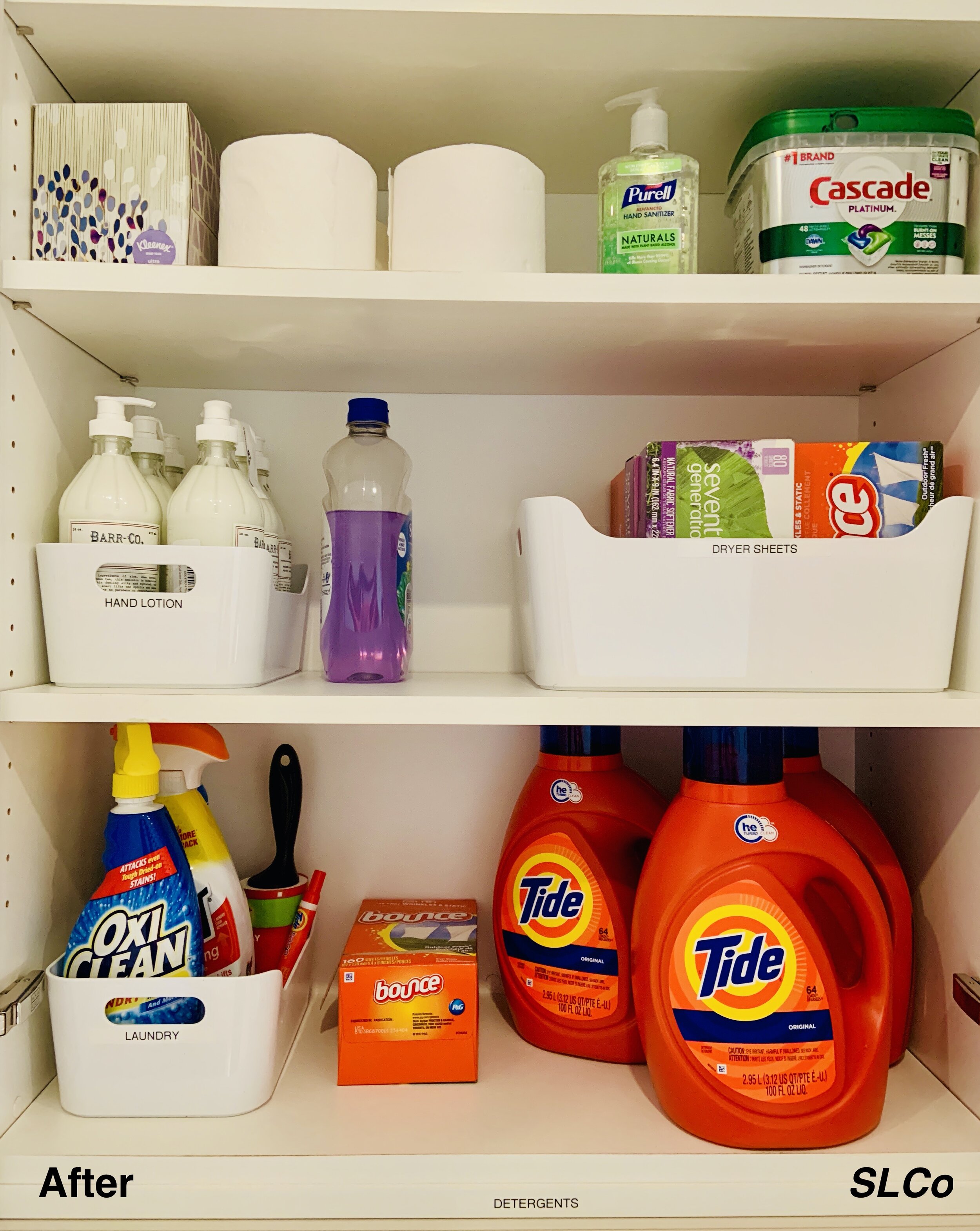 After photo of laundry room shelves with  three laundry detergent containers, toilet paper, and other items in white containers organized.