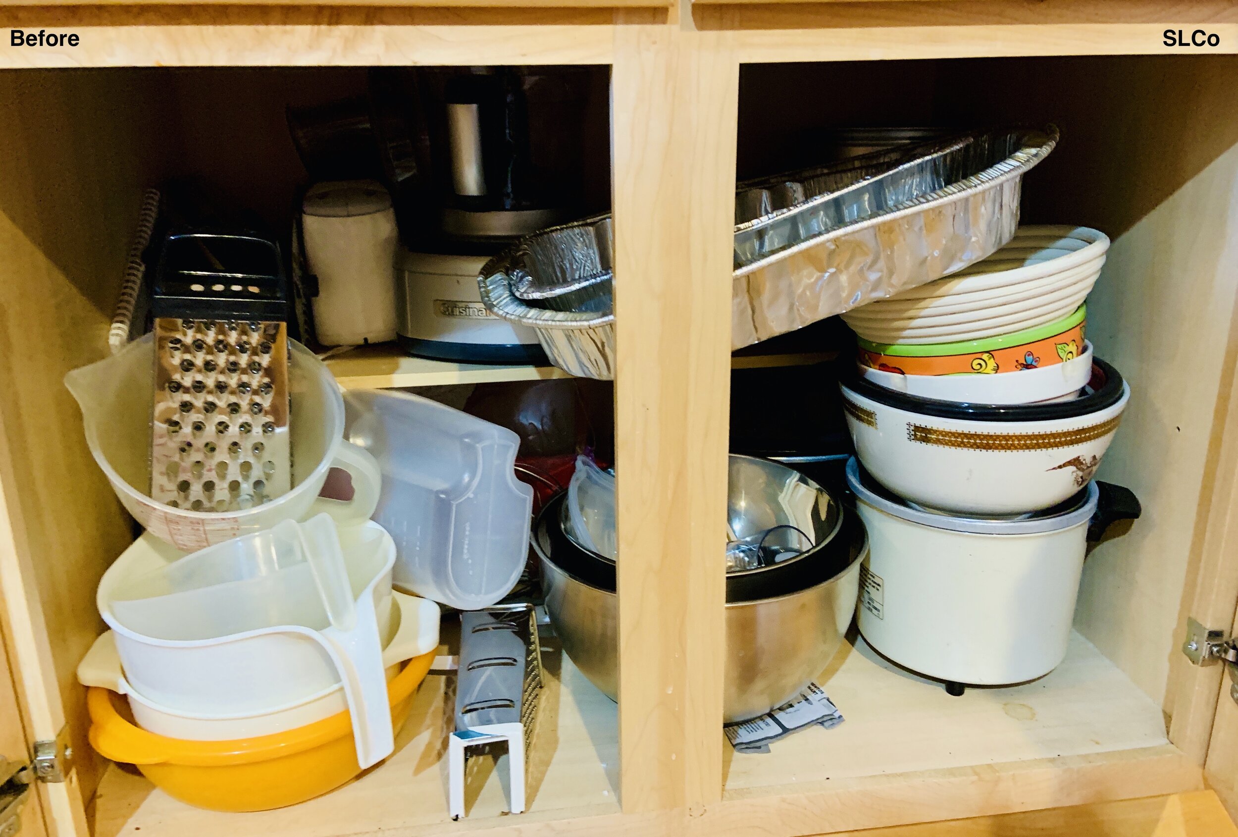 Kitchen cabinet with bowls and kitchen appliances overflowing