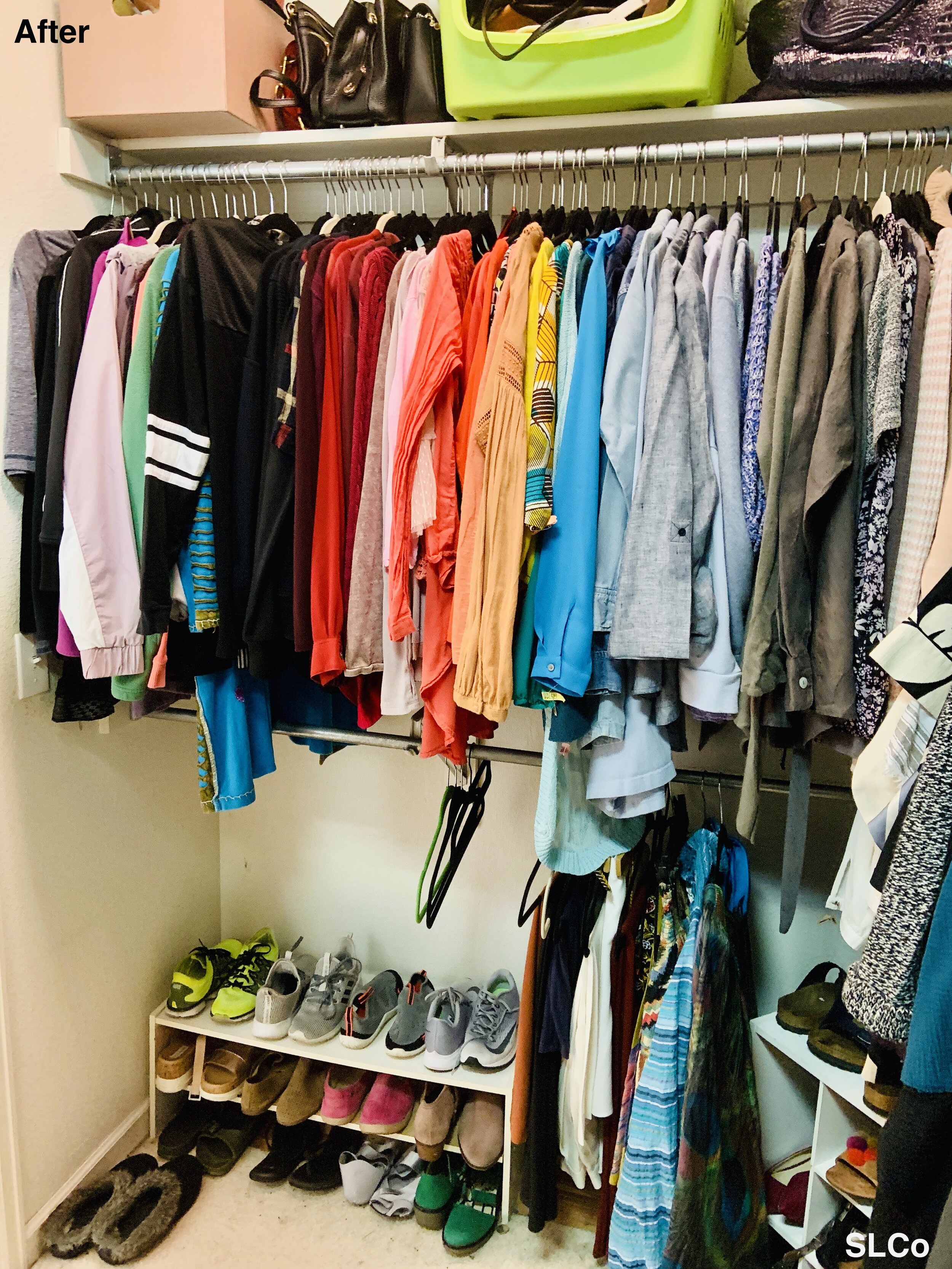 After photo of small closet with shoes organized on the bottom under organized hanging clothes and shelf above hangers with bins and box