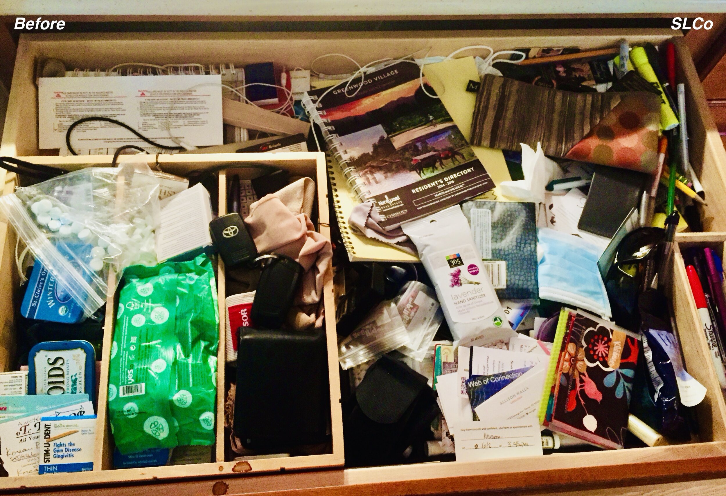 Before phot of a messy drawer with many items and can't see what's in drawer.