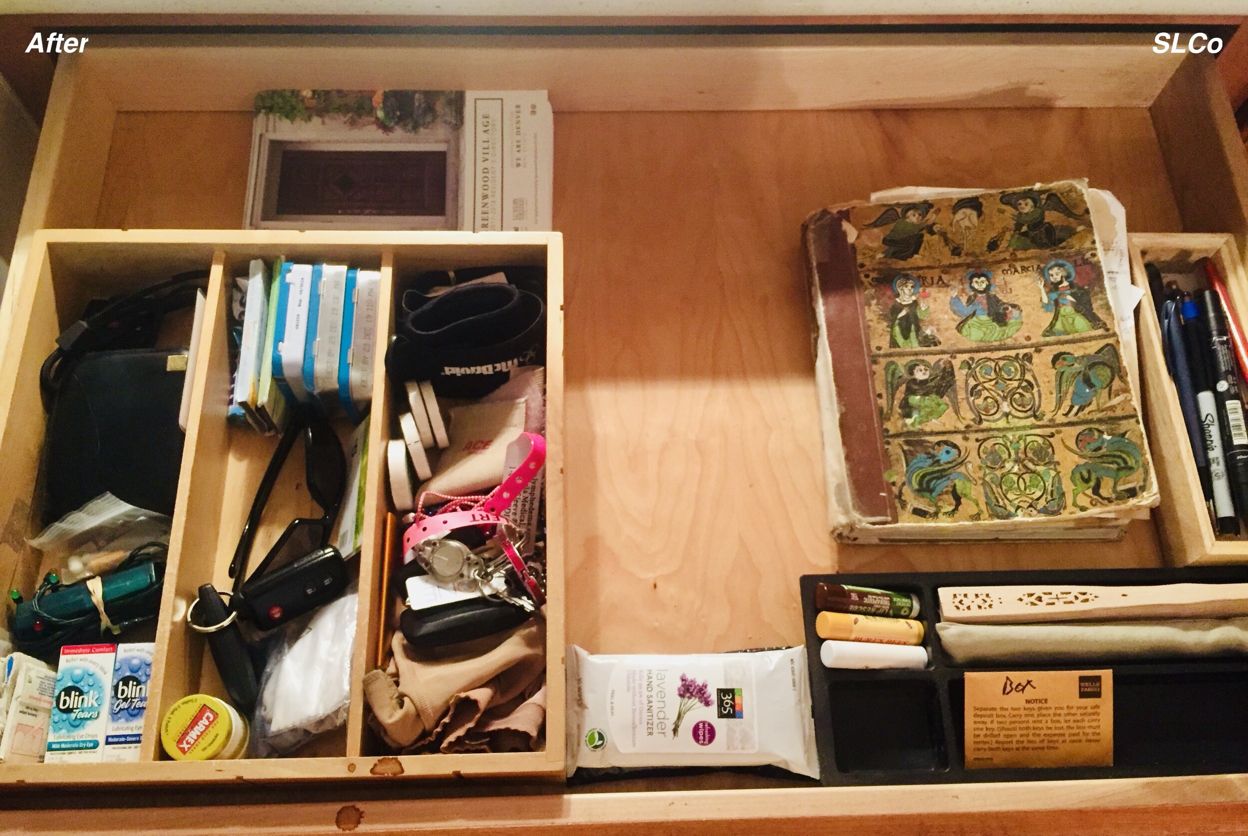 After photo of a drawer with fewer items and can see altoids, keys, sunglasses and more organized.