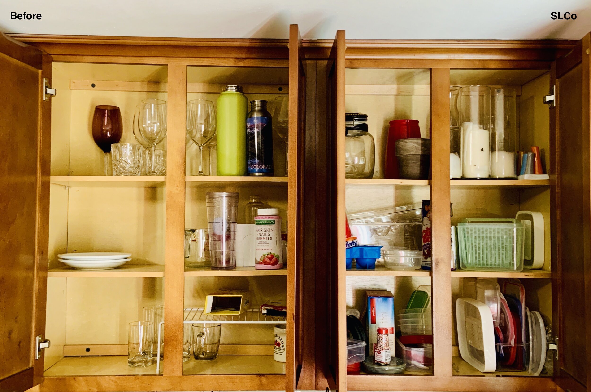 Before photo of two large sized kitchen cabinets with items not organized, glasses on plates