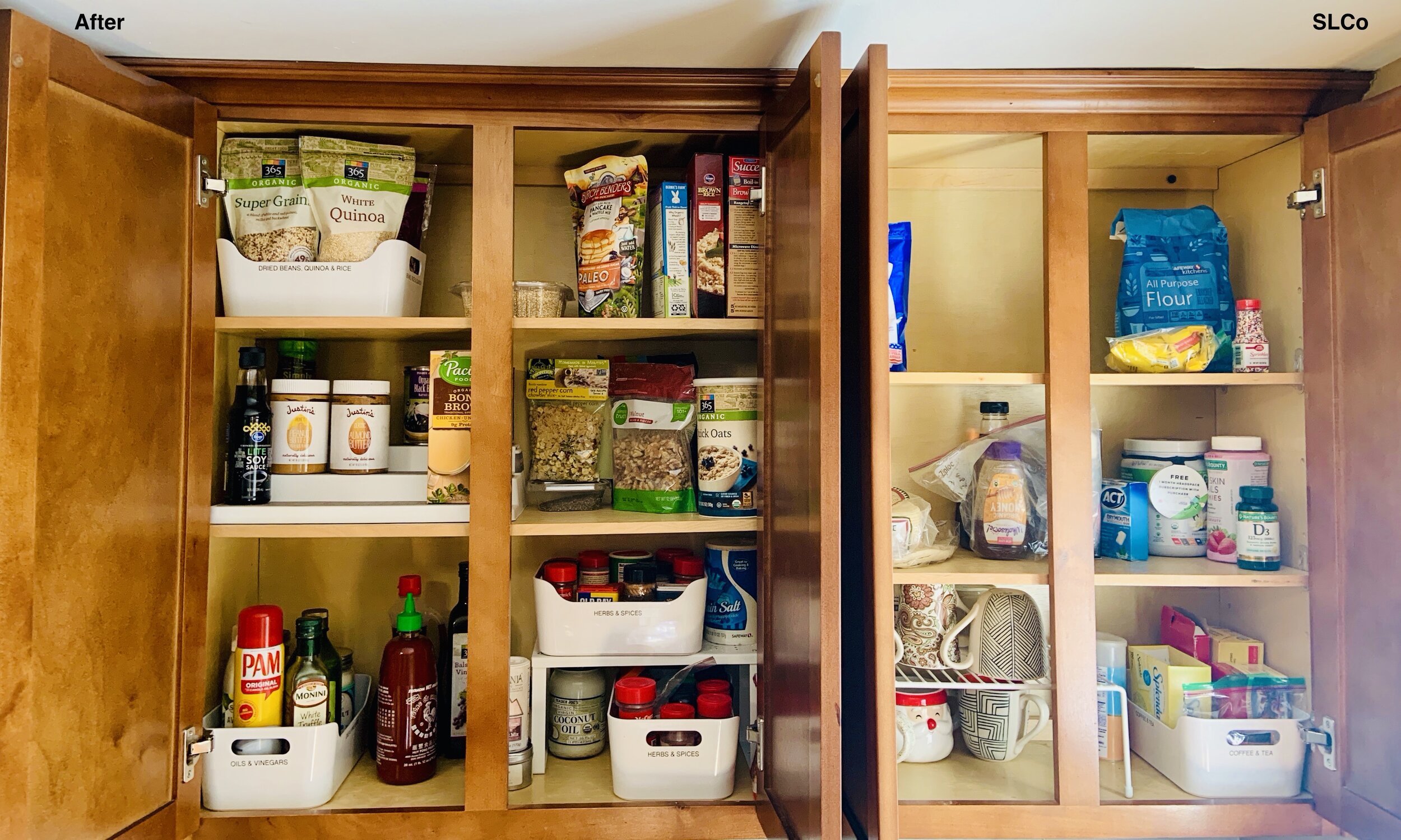 After photo of two large sized kitchen cabinets with containers for organization