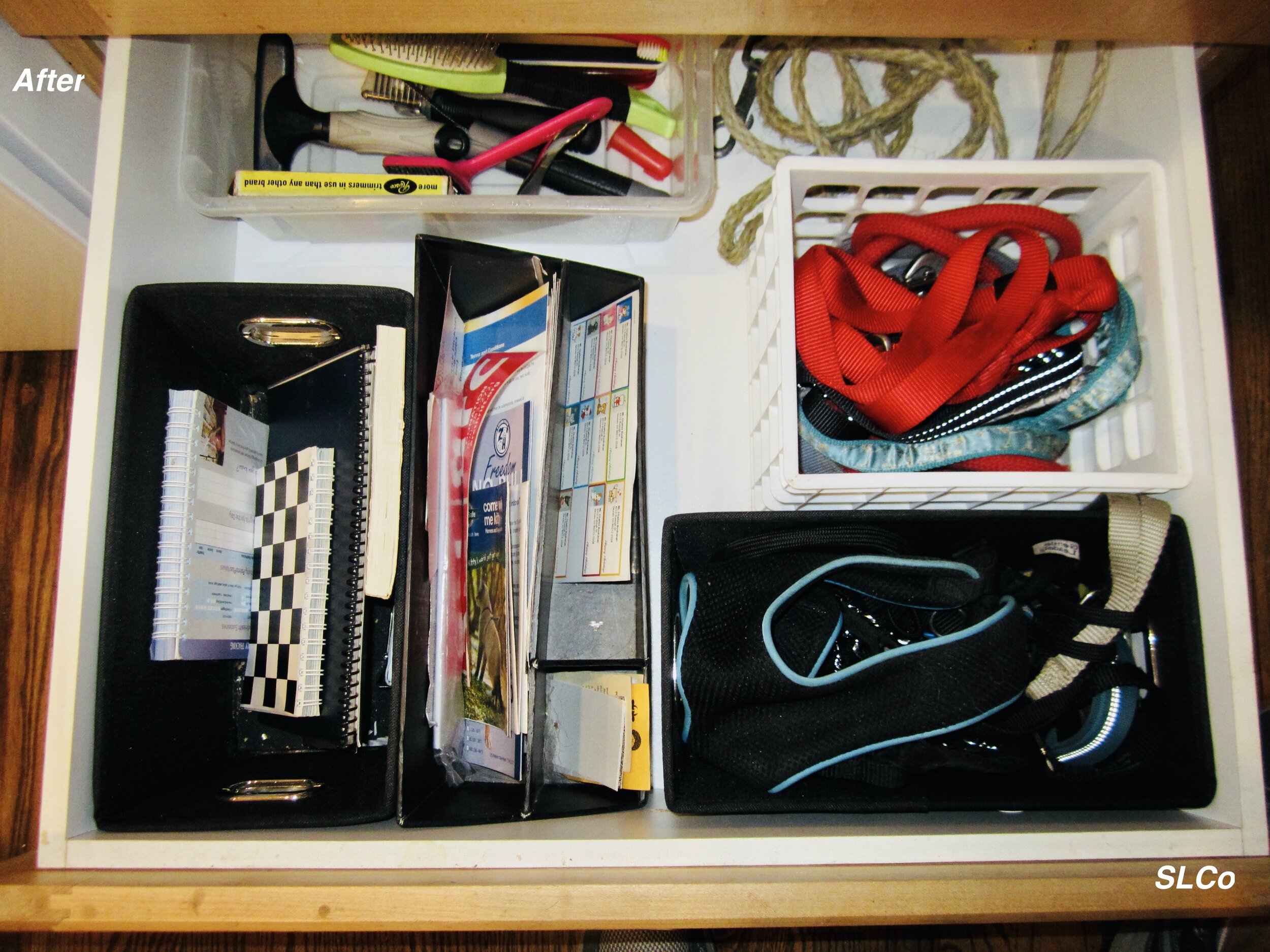 After photo of dog item drawer with containers for leashes, brushes, papers, and more.