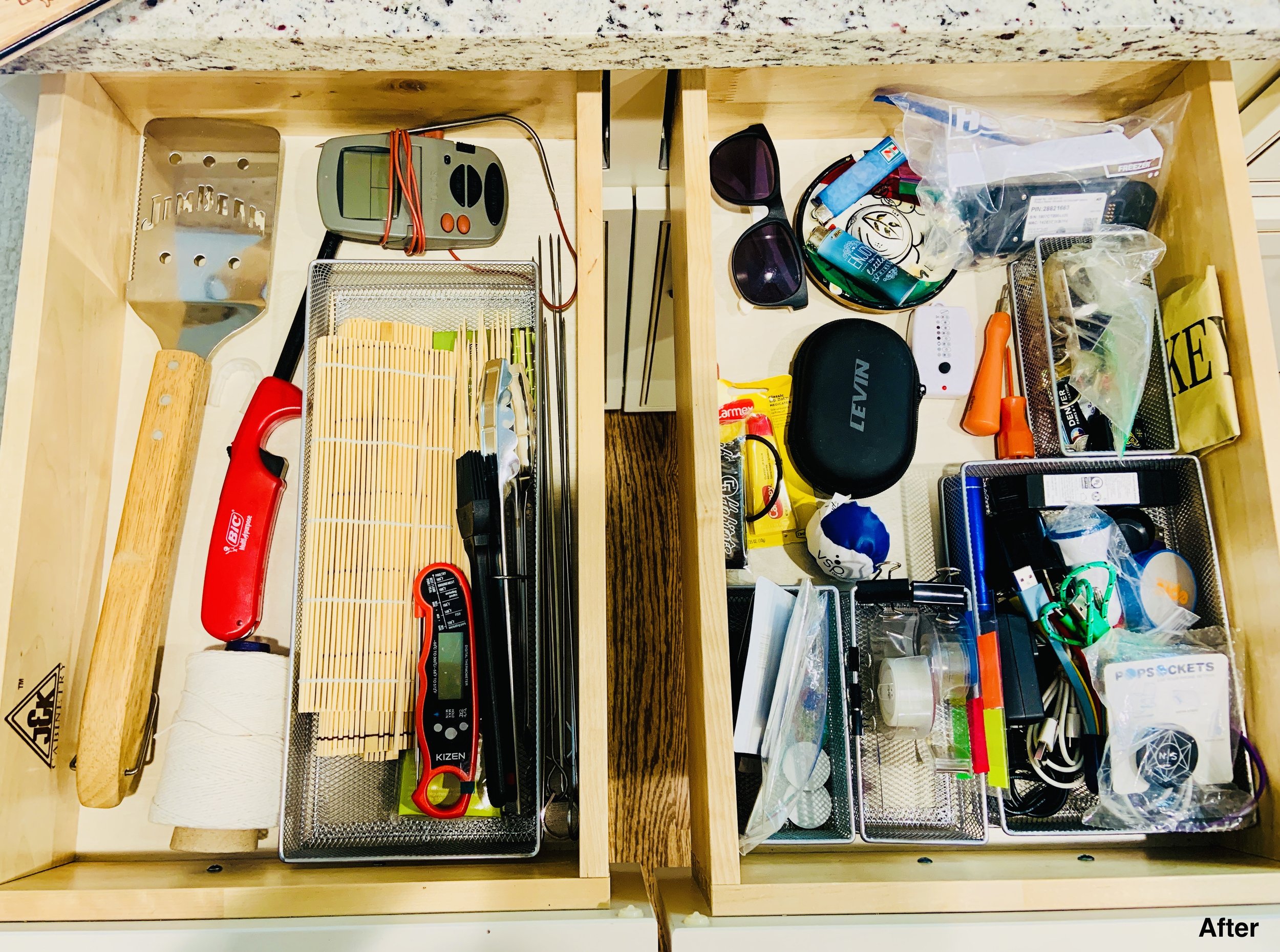 After photo of two drawers with spatula, metal containers for organization, meat thermometer, sunglasses, and other random items organized.