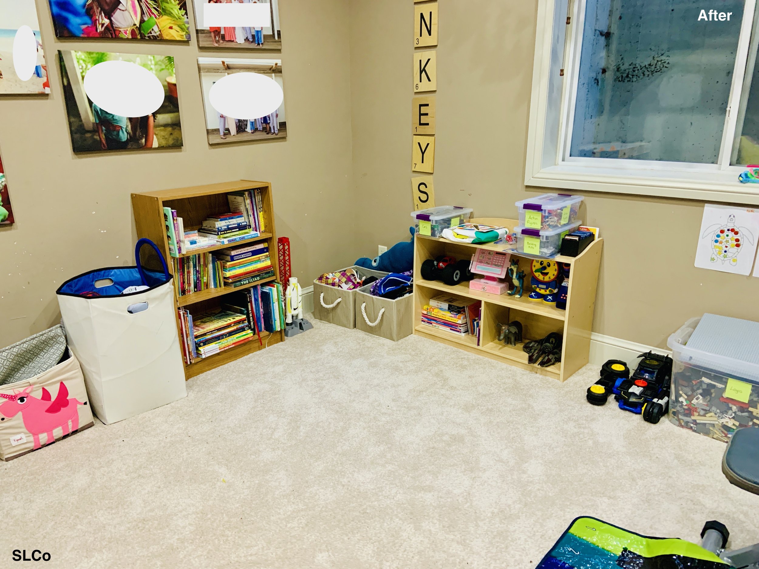 After image of playroom with photos on the wall, bookshelf with books organized, and toys in homes.