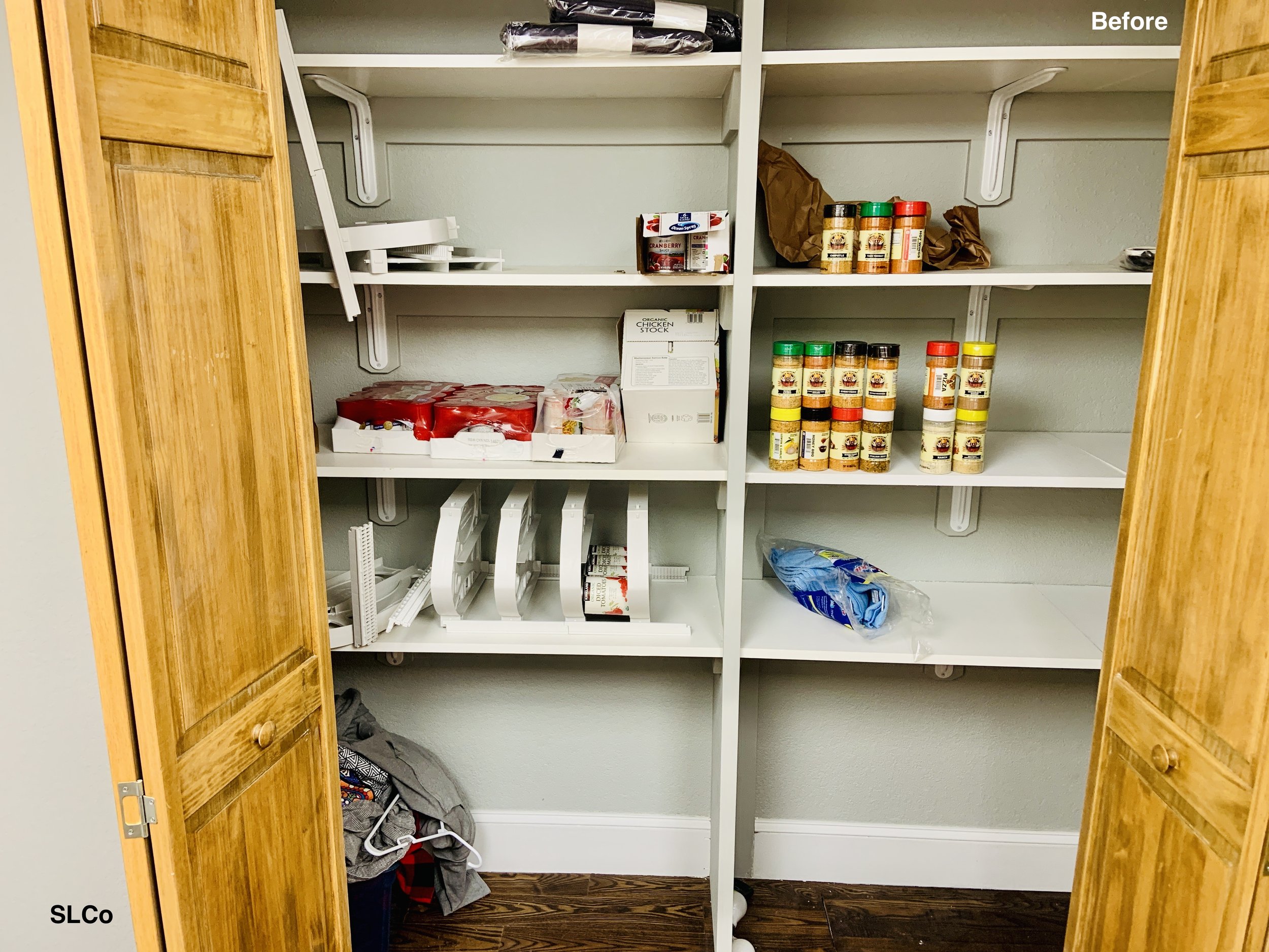 Before photo of 4 shelves in pantry, with pantry having few items and disorganized