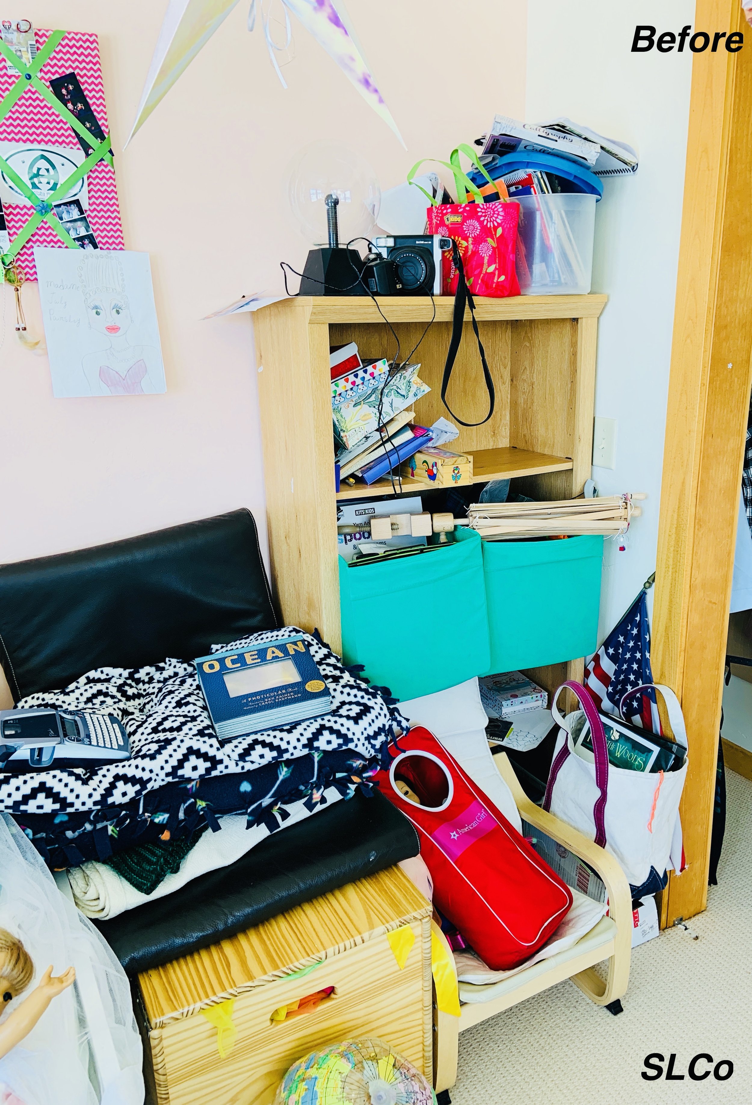 Bedroom with shelves overflowing with stacked items