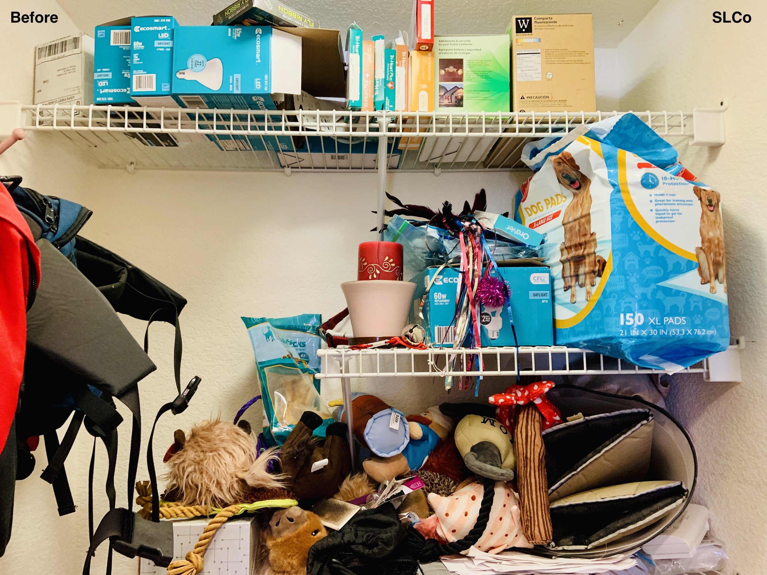 Before image of white wired shelved stacked with dog pads, light bulbs, and other items.