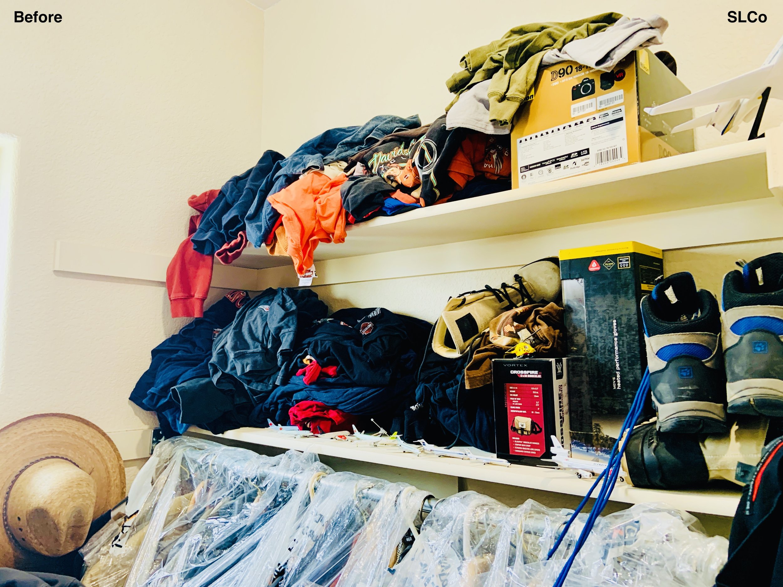 Close up before image of shelves above hanging space stacked with unfolded clothes.