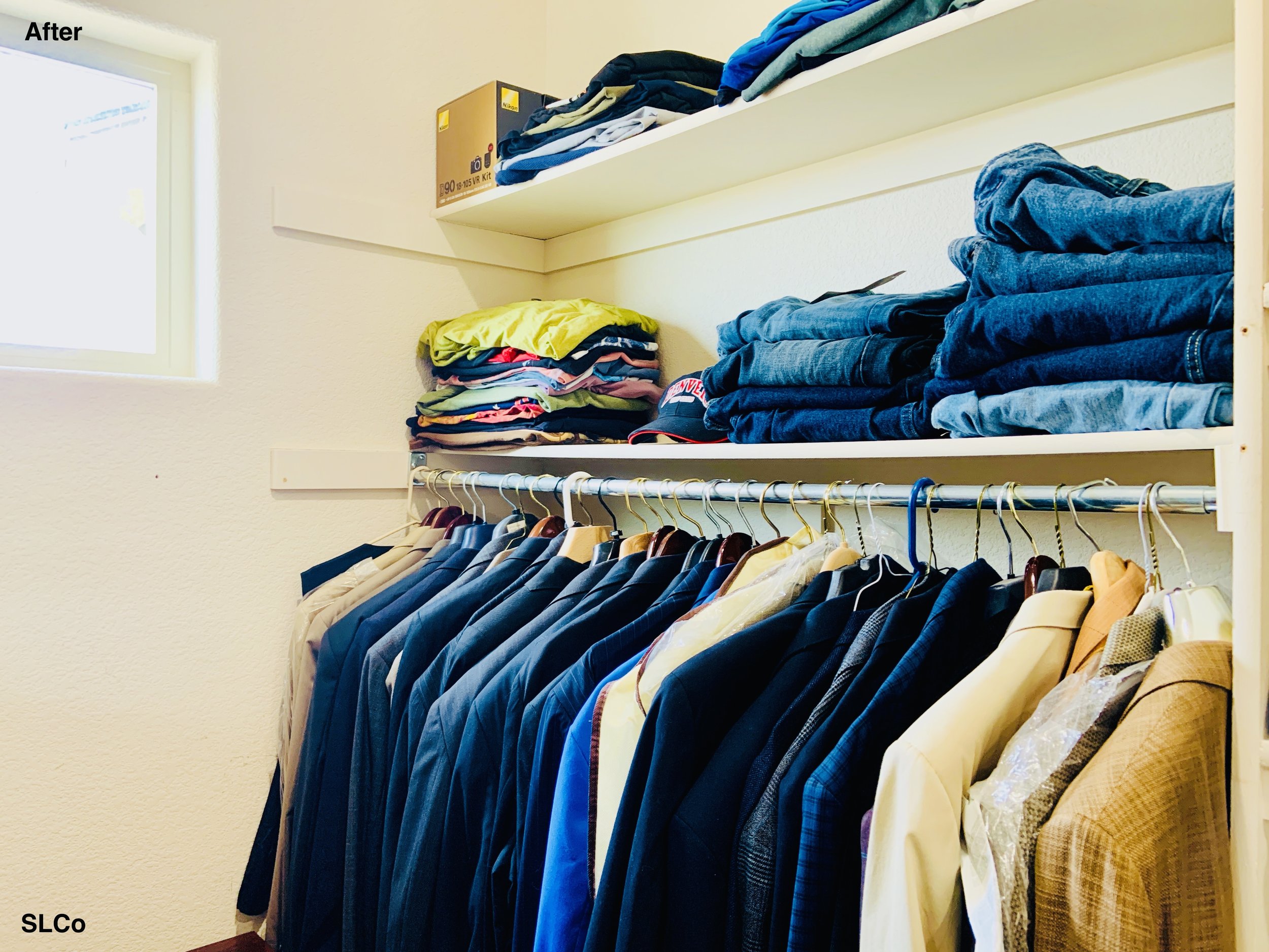 After image of close up above hanger space with jeans and shirts folded in their own stacks.