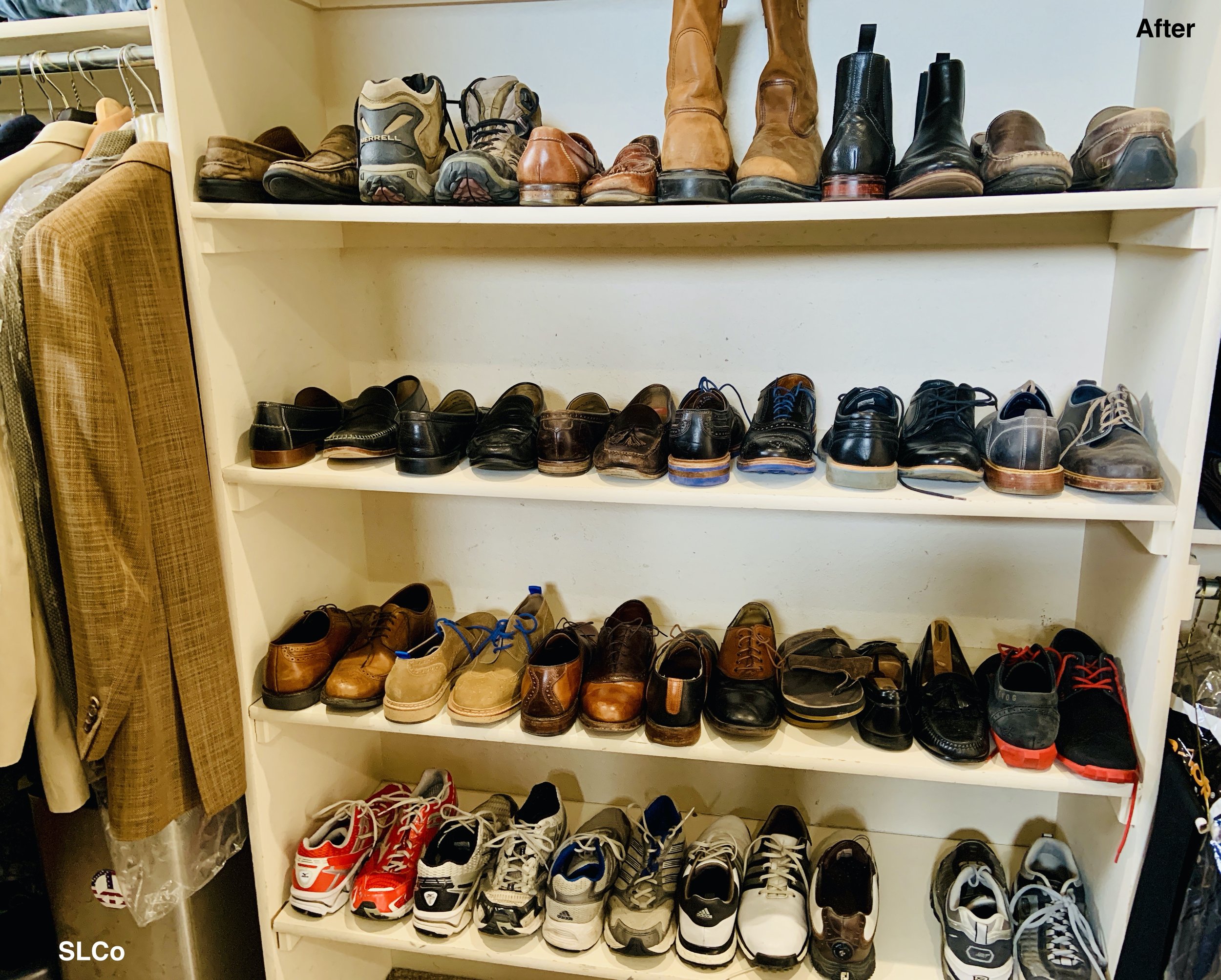 Close up of shelves with shoes neatly placed without any stacking.