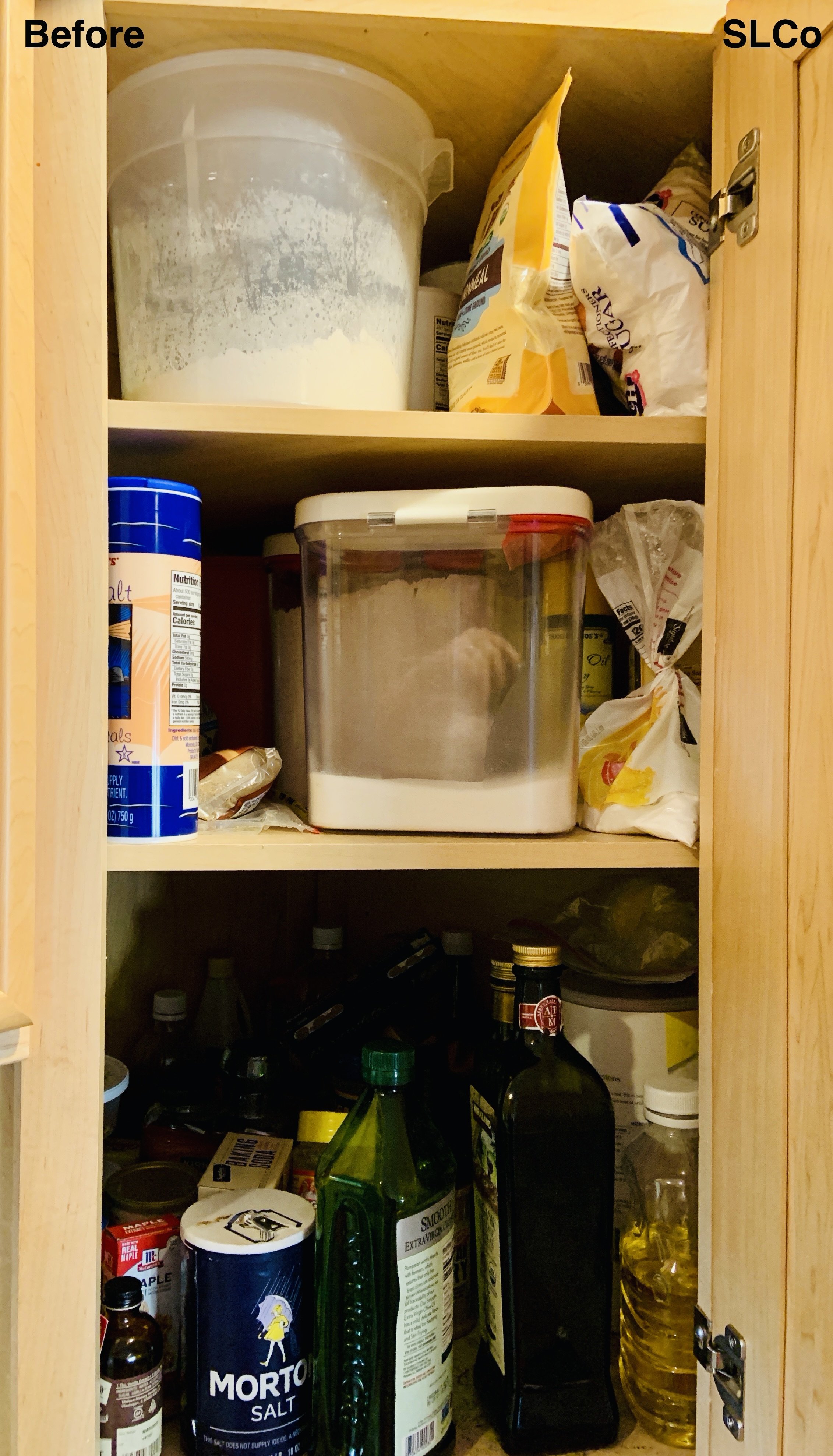 Before photo of kitchen cabinet overflowing with flour, oils, and salts