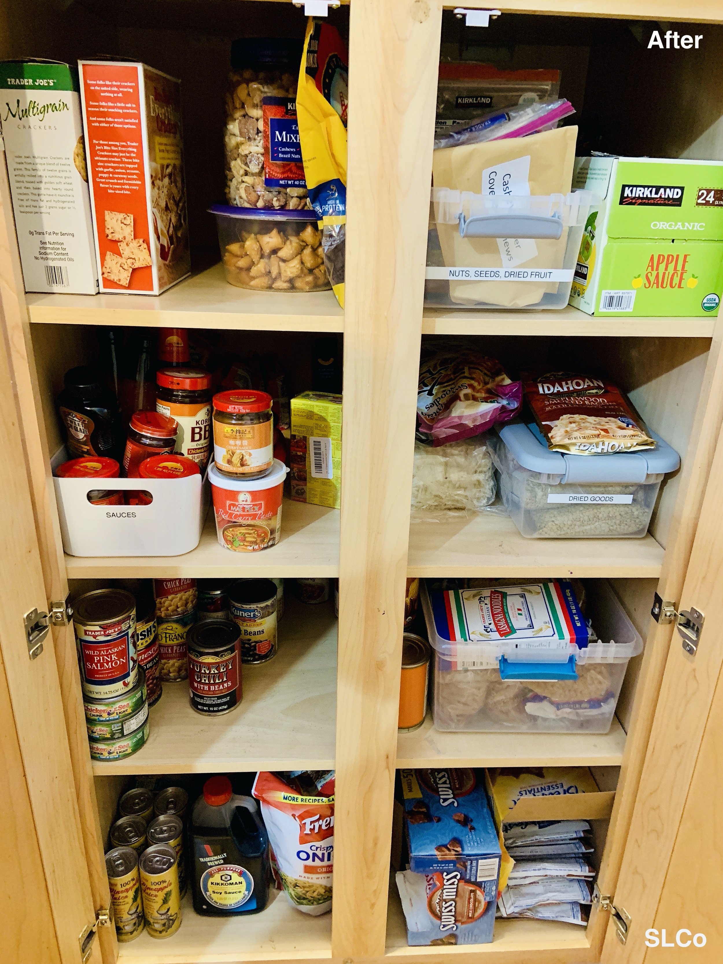 After photo of kitchen cabinet 4 shelves high organized with containers and by categorization for cereal, chips, cans, etc.