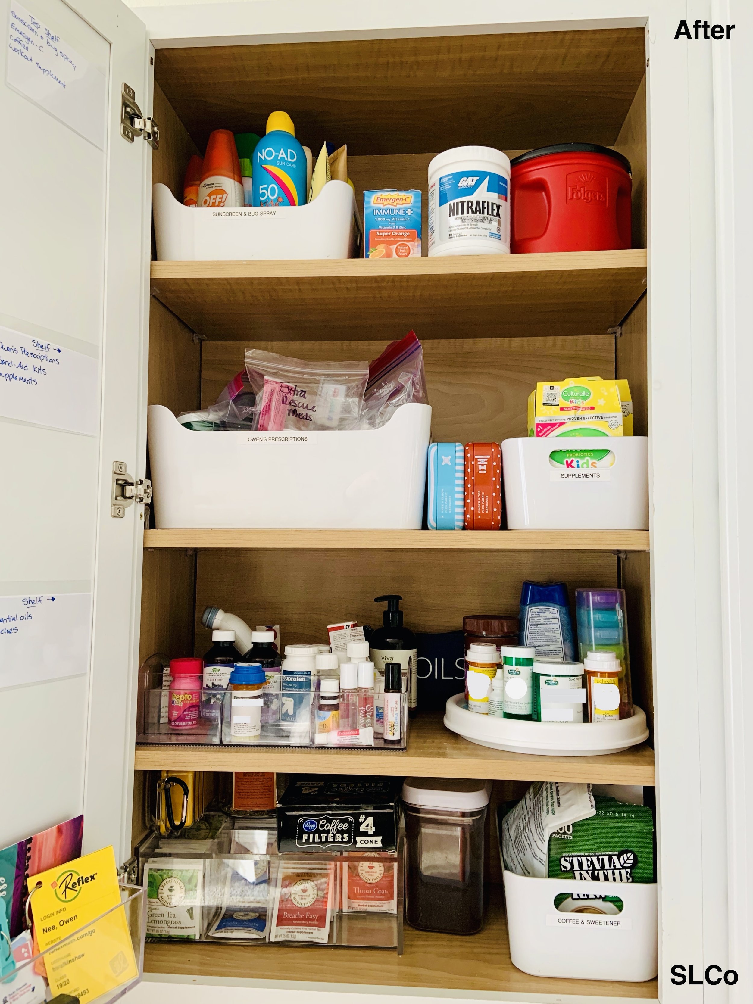 Large kitchen cabinet with kitchen item in containers grouping similar items together.