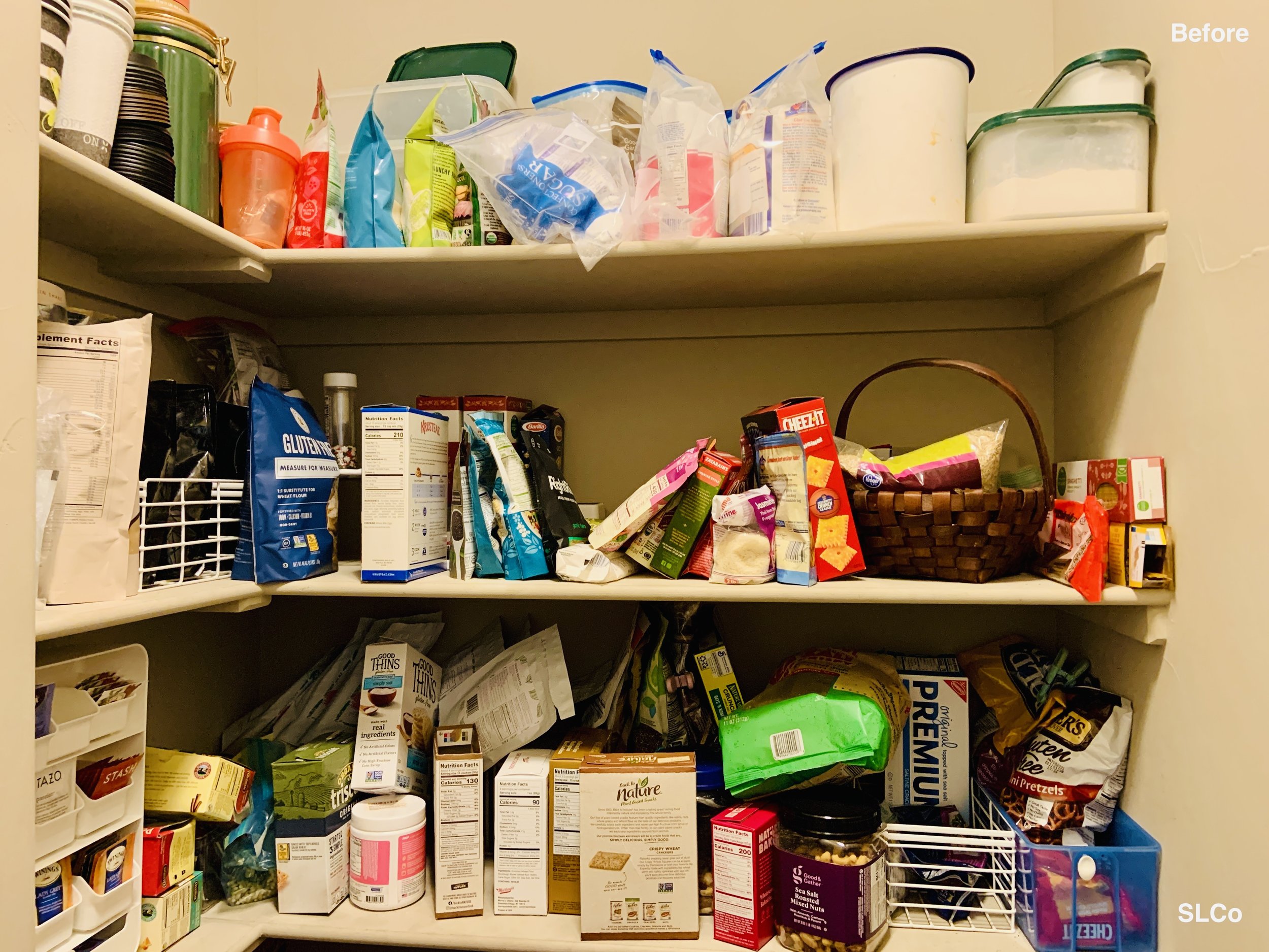 After photo of walk in kitchen pantry with cans together and organized.