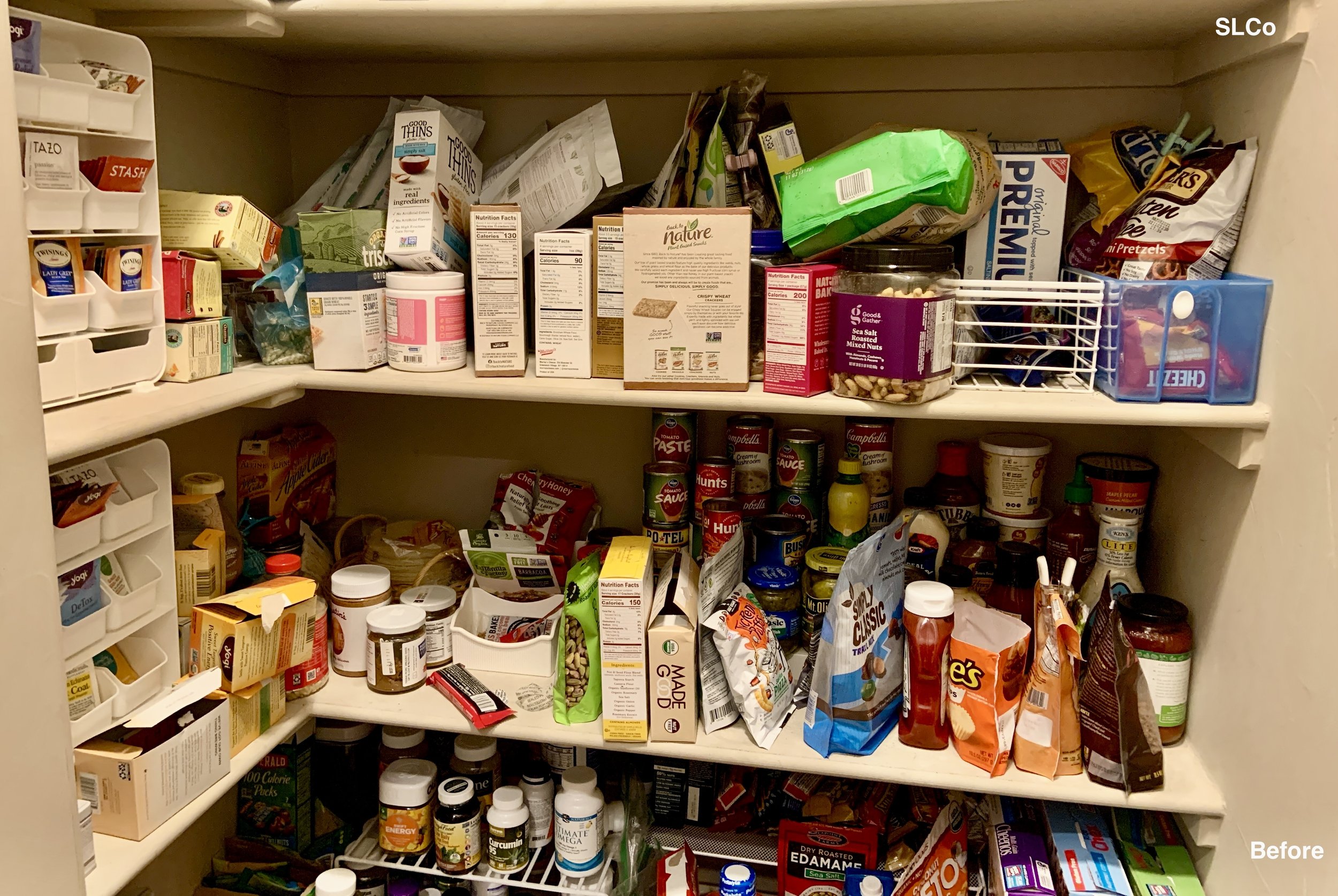 After photo of walk in kitchen pantry overflowing with items on 2 shelves