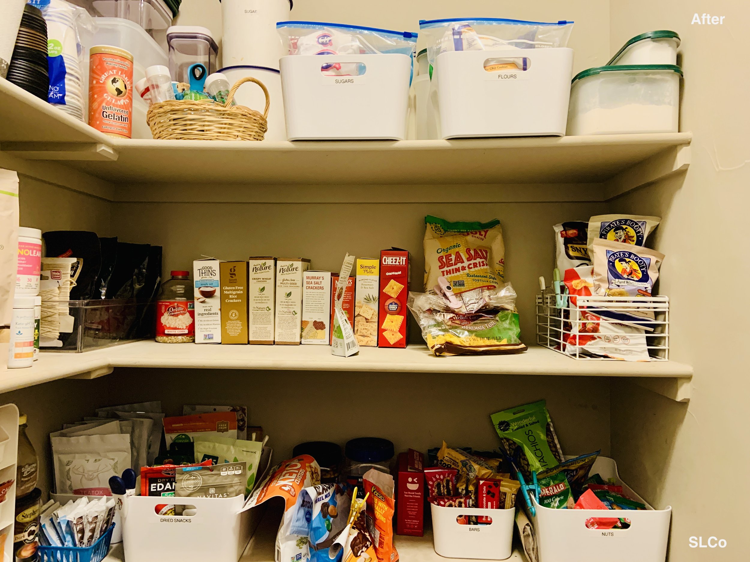 After photo of walk in kitchen pantry with containers and organized food items.