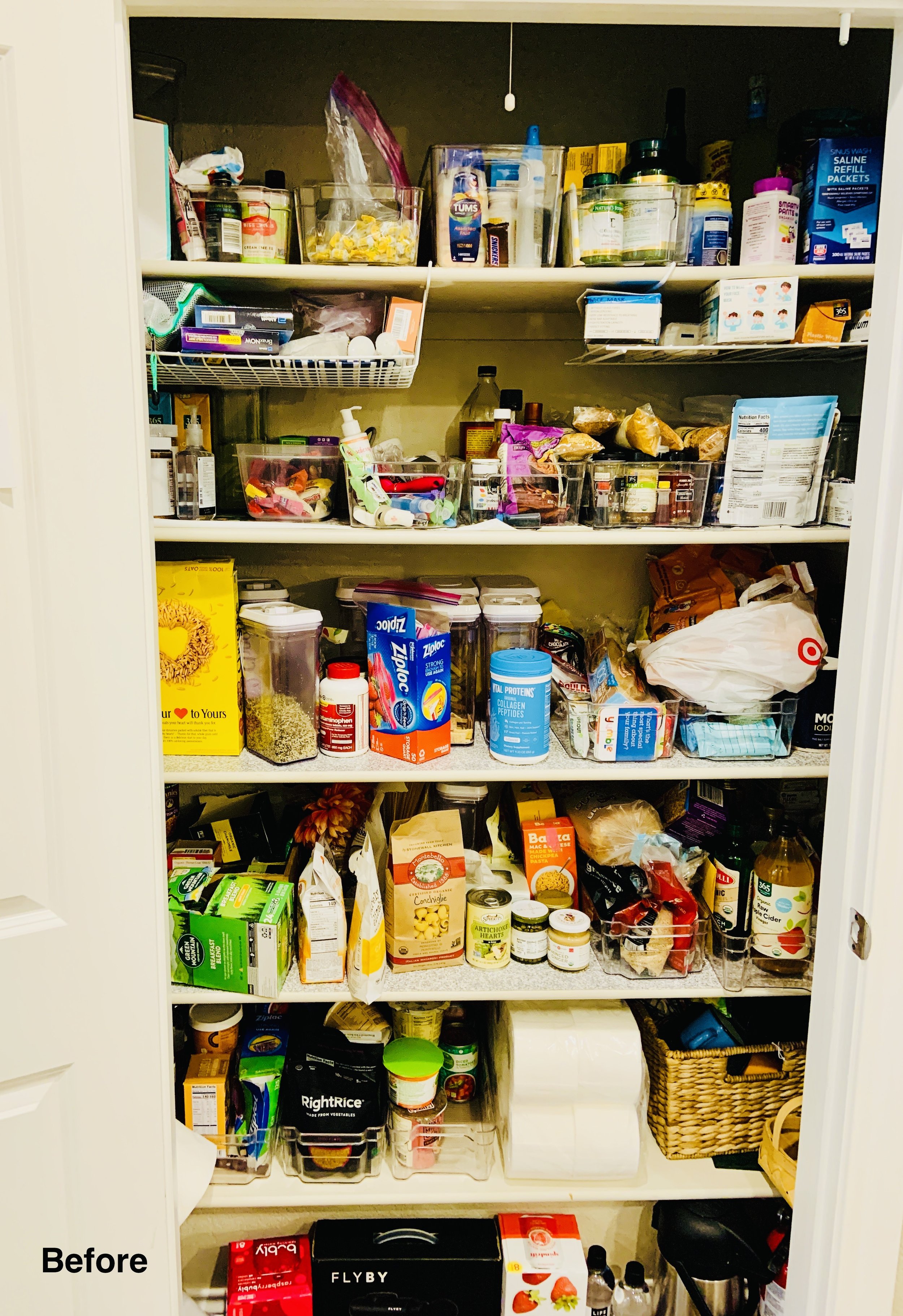 Before photo of overflowing kitchen items in large pantry