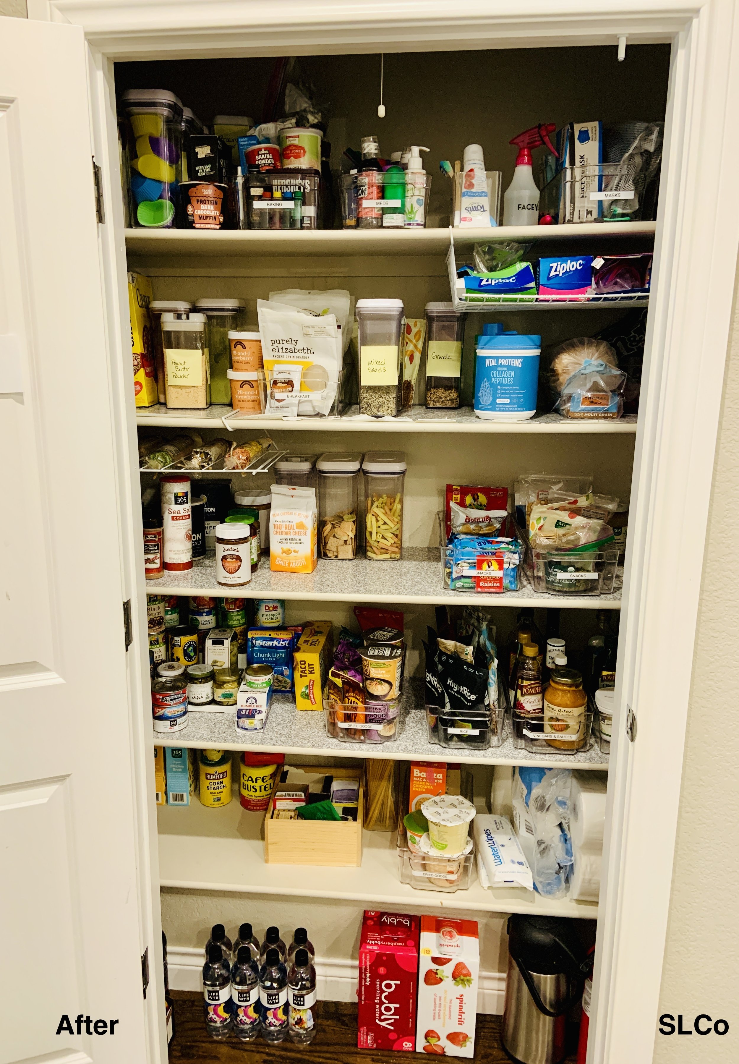 After photo of large pantry with kitchen food items organized in containers.