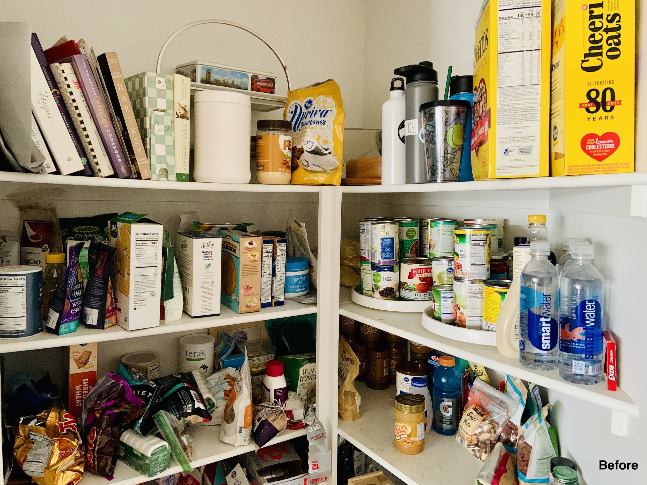 Corner kitchen pantry with items unorganized and overflowing on 5 shelves.