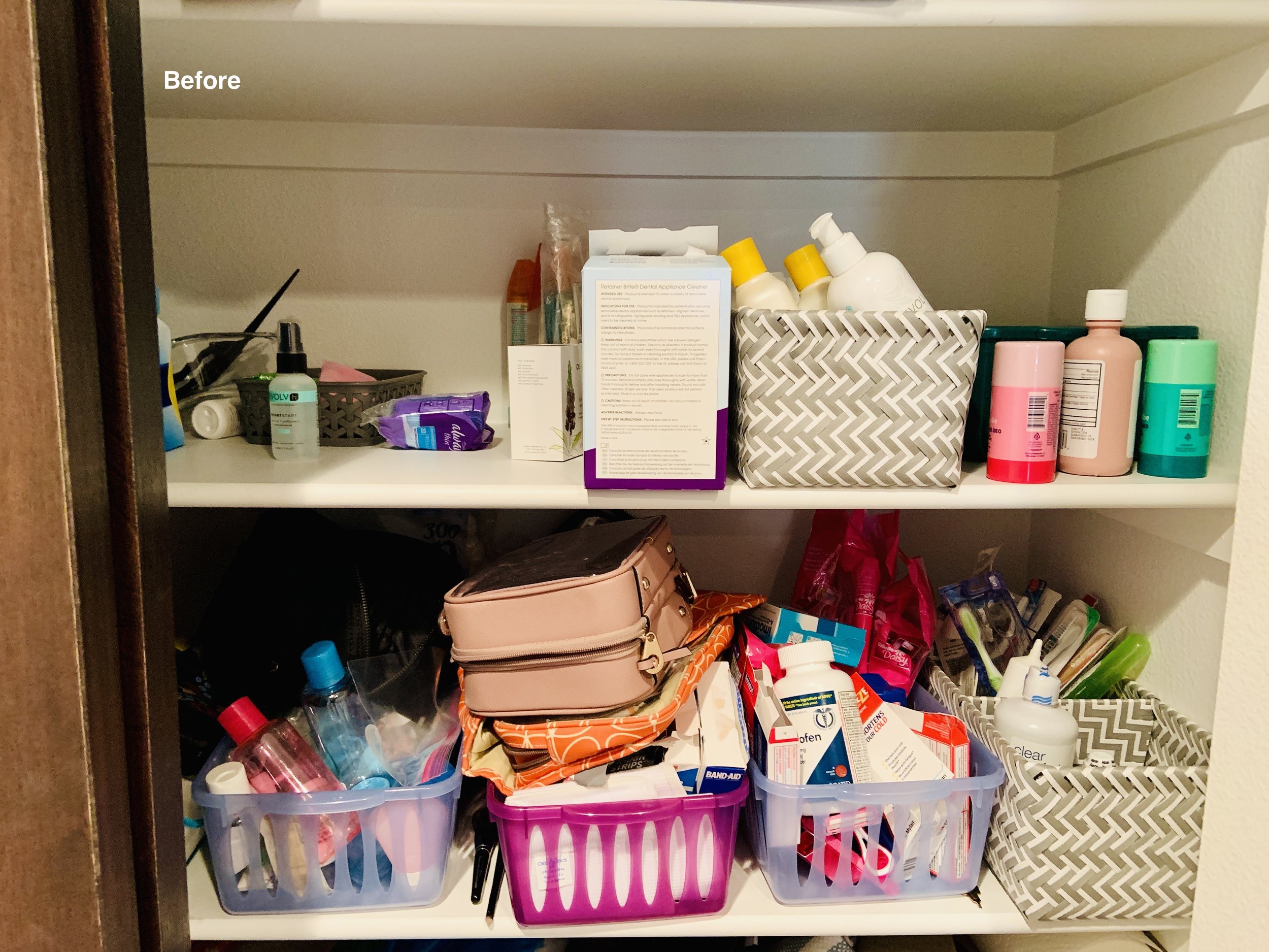 Before image of hallway closet with two shelves filled with lotions and beauty polish all mixed together