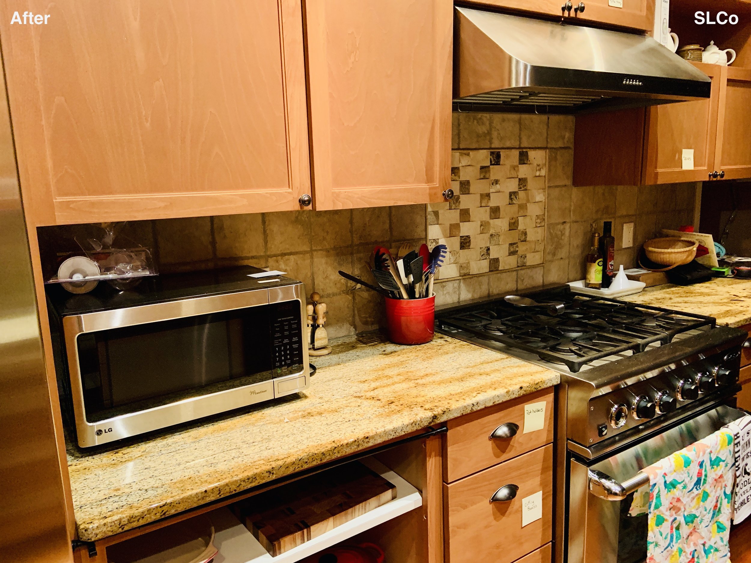 After photo of counter with microwave on it ad items in their homes in drawers and containers.