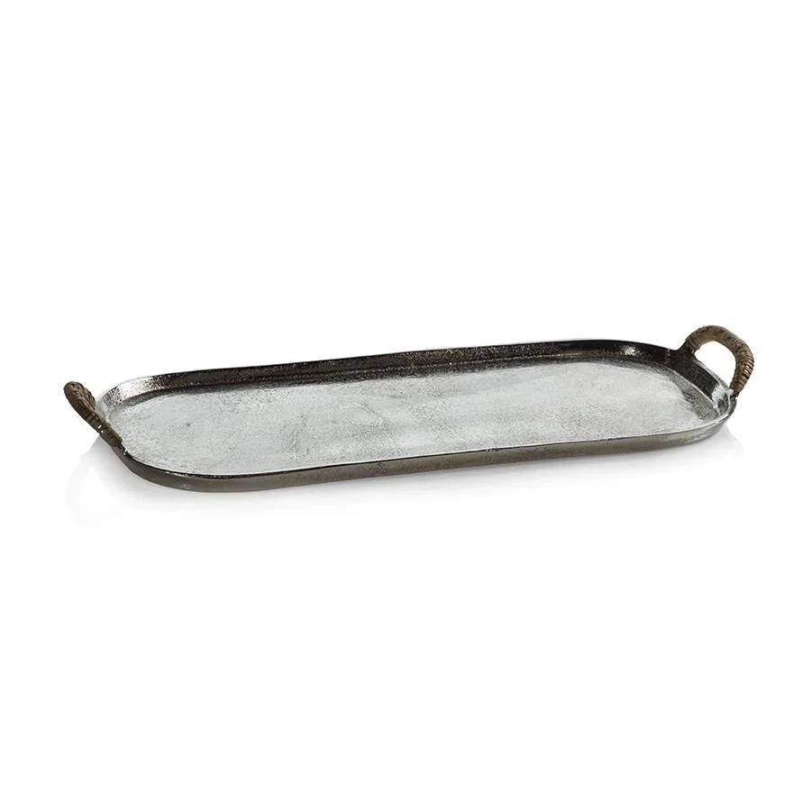 Zodax Praslin Raw Aluminum Tray With Cane Wrapped Handles