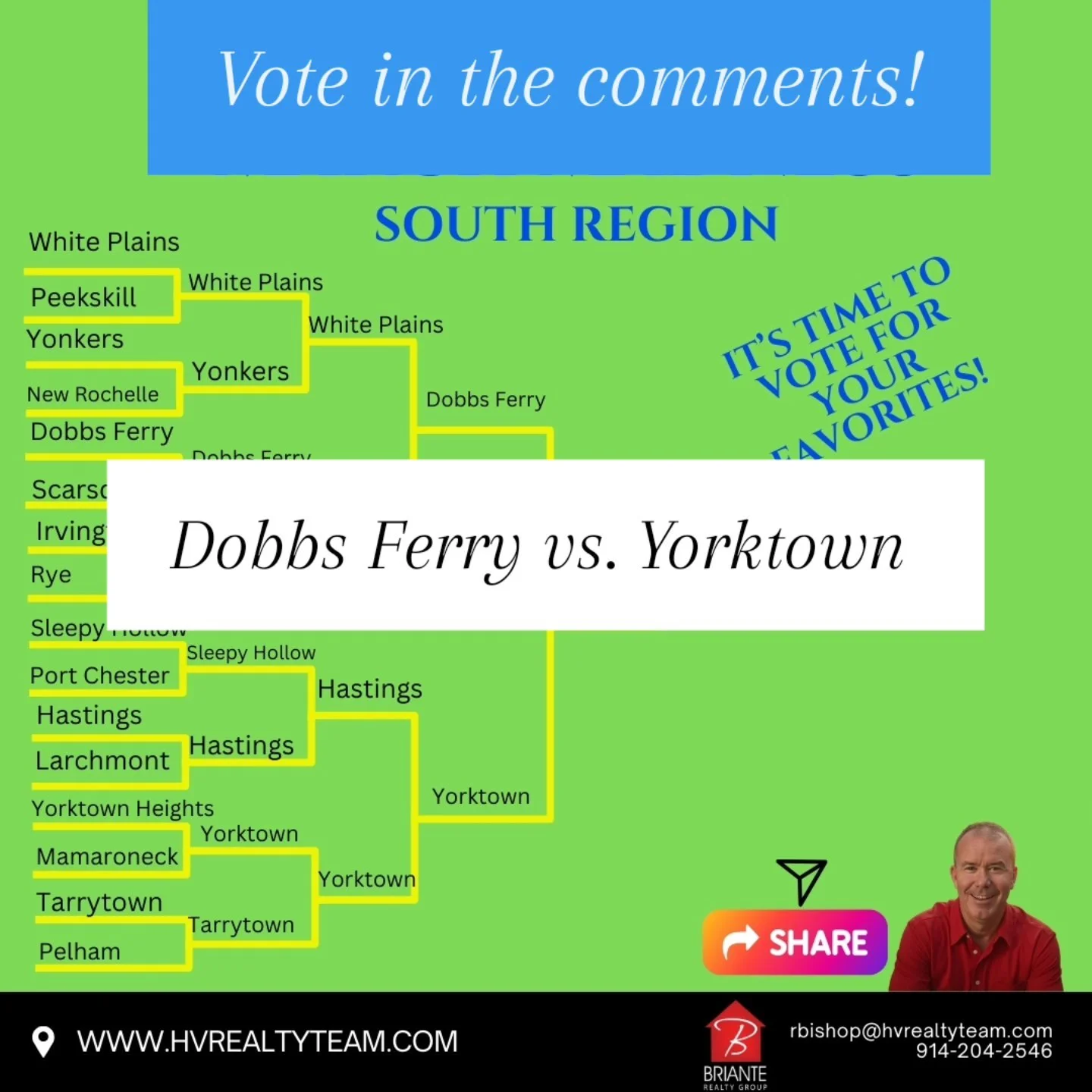 From 64 down to an Elite 8!  Two teams left per REGION! VOTE TODAY AMD TODAY to determine our Final 4!!
South Region Final #yorktown #dobbsferryny #HudsonValleyRealEstate